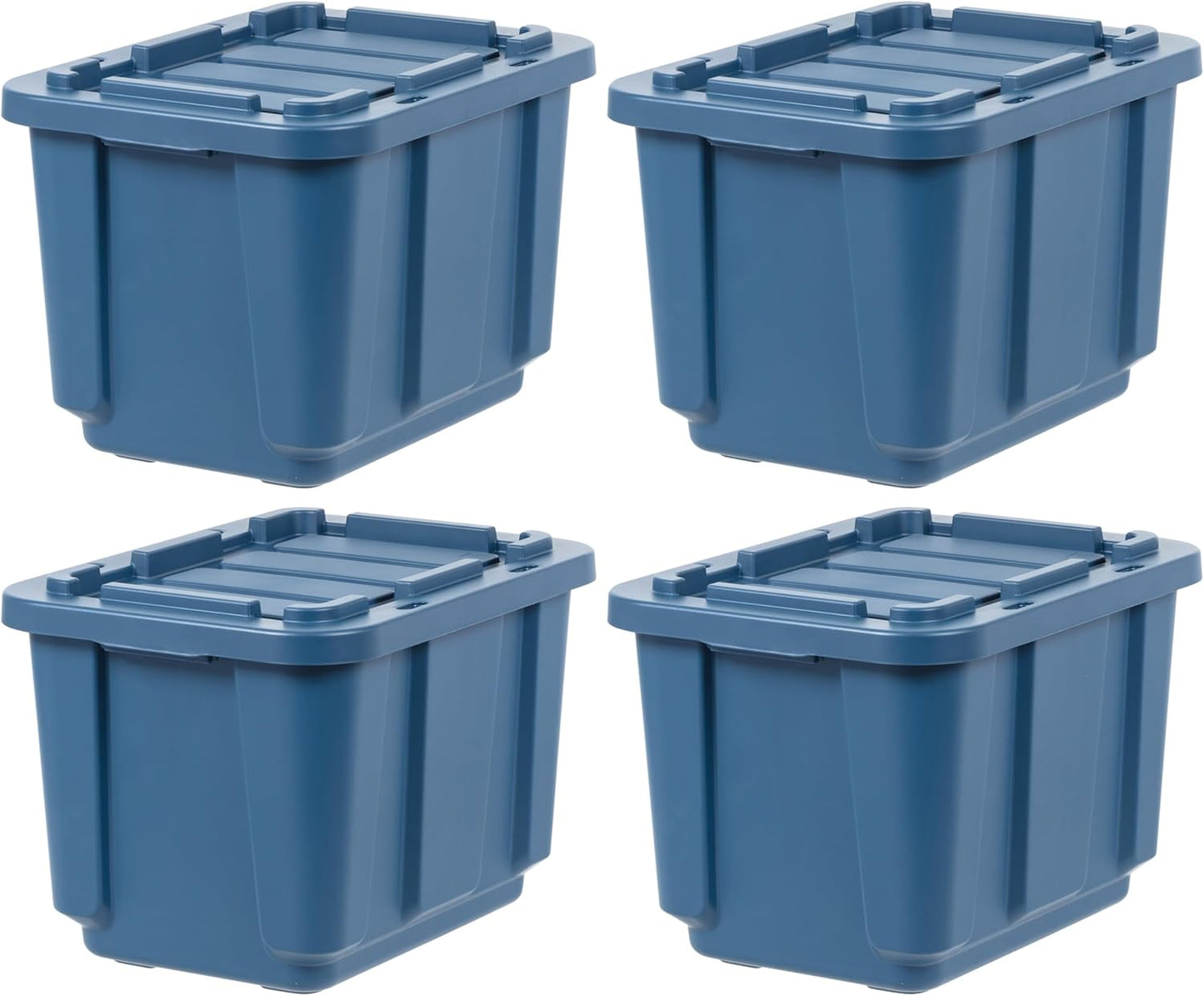 IRIS USA 12 Gallon Eco-Friendly Heavy Duty Truck Bed Toolbox Storage Tote Bins with Lids, 4 Pack - Made in USA, Tough Snap On Lockable Lid Stackable Industrial Rugged Tubs, Garage Organization - Navy