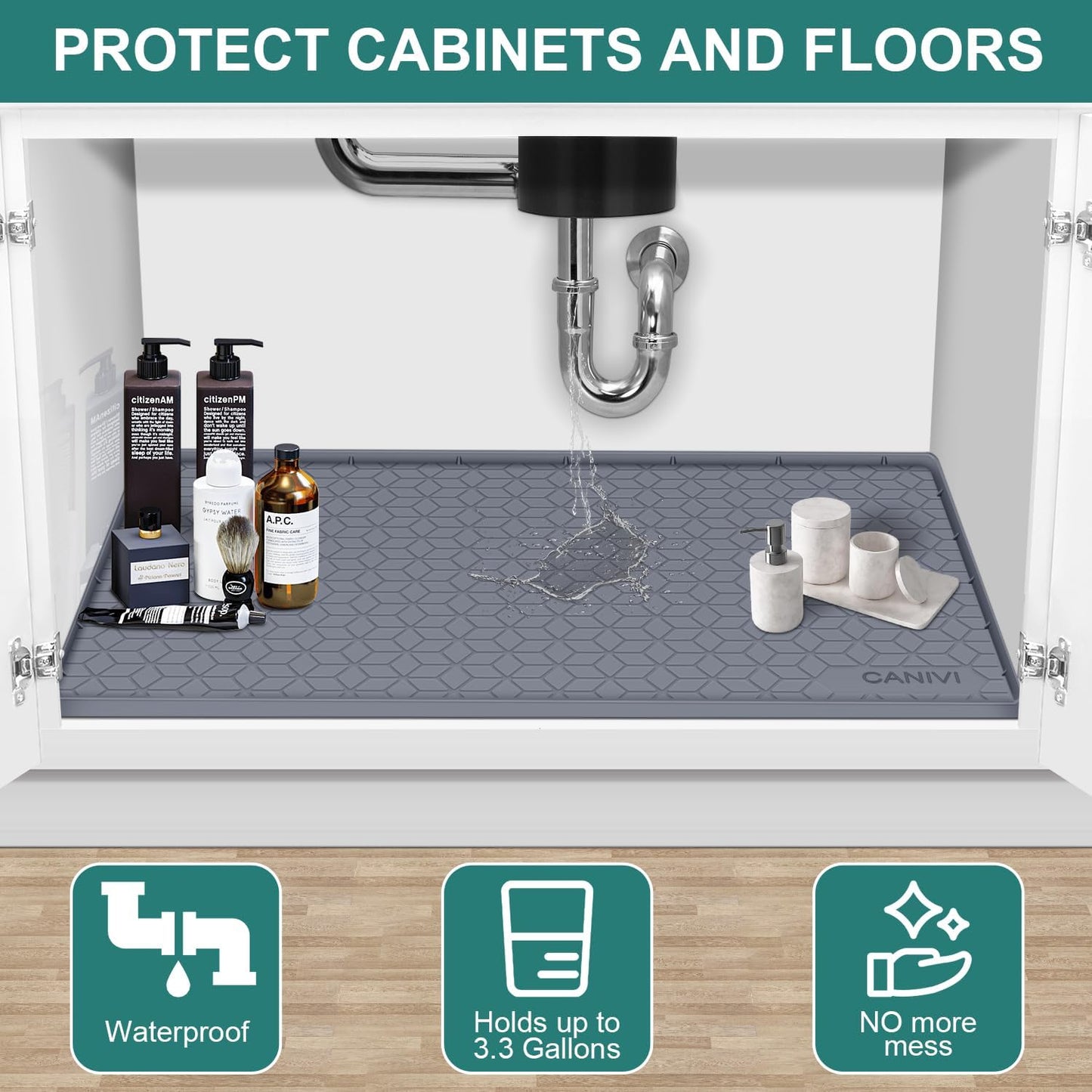 Under Sink Mat, 34" x 22" Waterproof Silicone Under Sink Tray for Kitchen & Laundry Cabinets, Kitchen Cabinet Shelf Protector, Up to 3.3 Gallons Liquid, Fits 36 inch Standard Cabinet(Grey)
