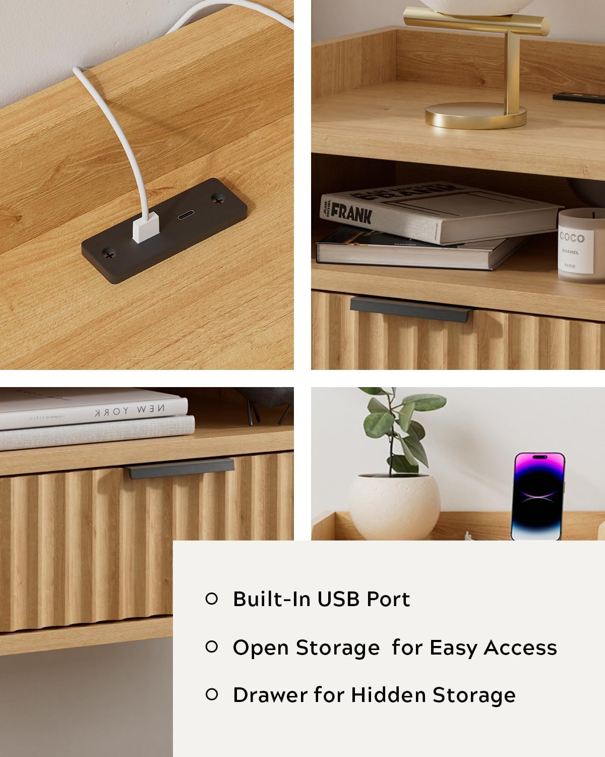 Fluted Floating Nightstands Set of 2 with Drawer, Modern Small Wall Mounted Storage Night Stand with Charging Station, Wood Bedside Table USB C & USB A Ports, Natural Oak