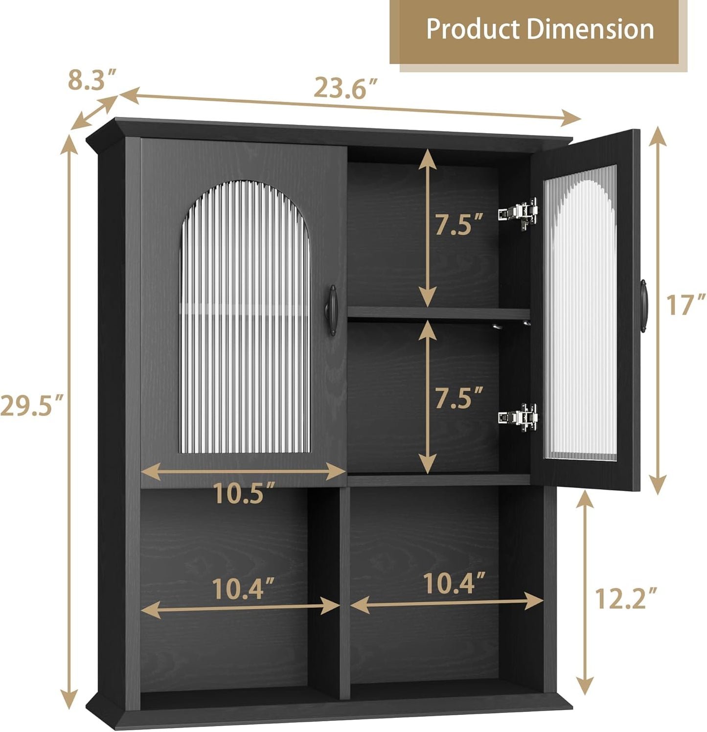 CJL Bathroom Wall Cabinet with Fluted Door, 23.6'' x 29.5'' Medicine Cabinet, Over The Toilet Storage Cabinet, Black