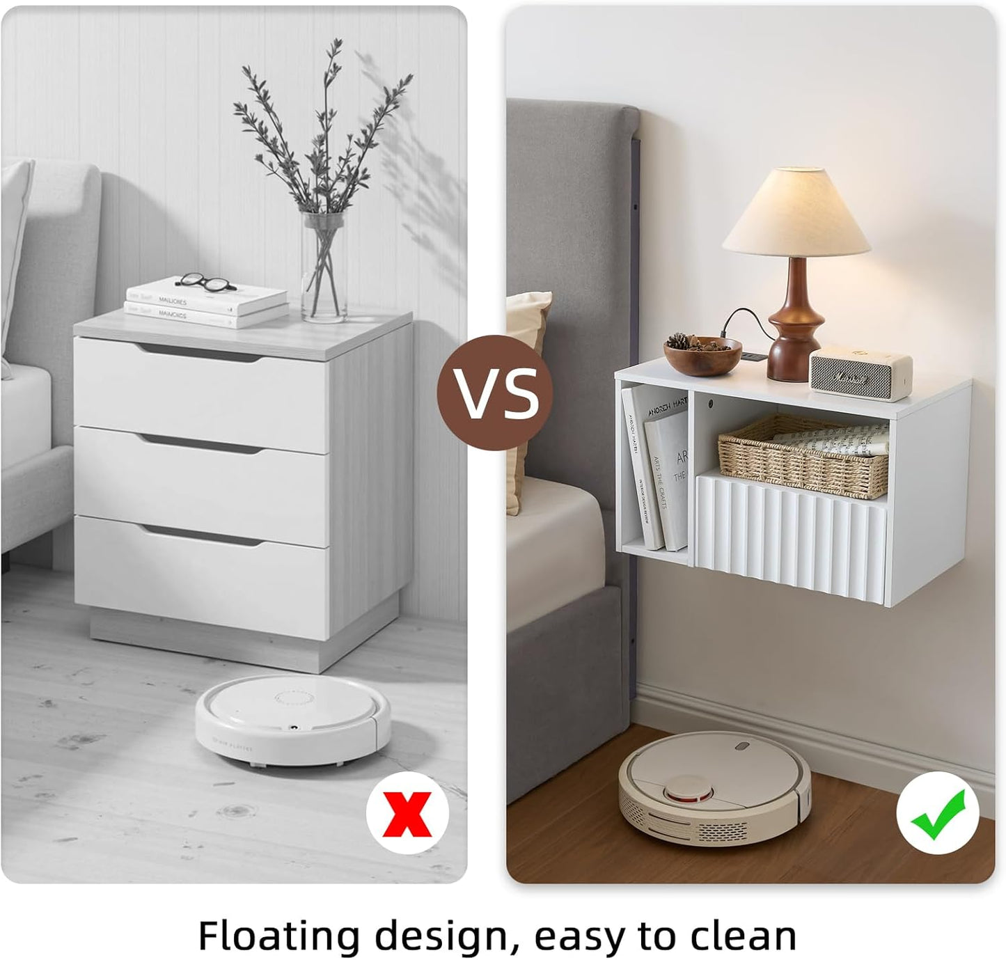 Modern Matte White Fluted Floating Nightstand with Charging Station, NightStand with Drawers, Bedside with USB Ports and Outlets, Bedroom Furniture(Left)