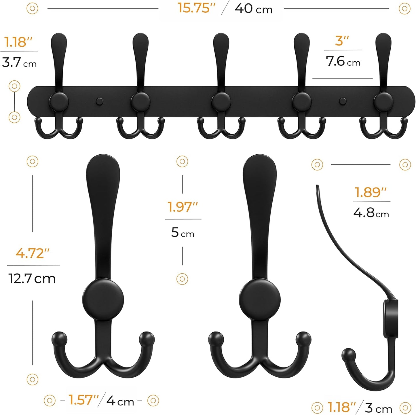 Coat Rack Wall Mount with 5 Tri Hooks, Stainless Steel 16 Inch – Black Matte Finish, Heavy Duty Wall Mounted Hook Rack for Coats, Hats, Towels, Scarves, Robes, Bags, Entryway & Bathroom - 2 Pack