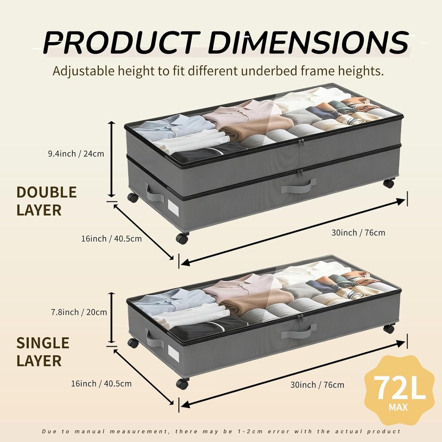 Under Bed Storage with Wheels, 72L Large Capacity Adjustable Height Underbed Storage Drawers with Lid & 360° Wheels, Rolling Storage Container for Clothes, Shoes, Blankets, Comforters