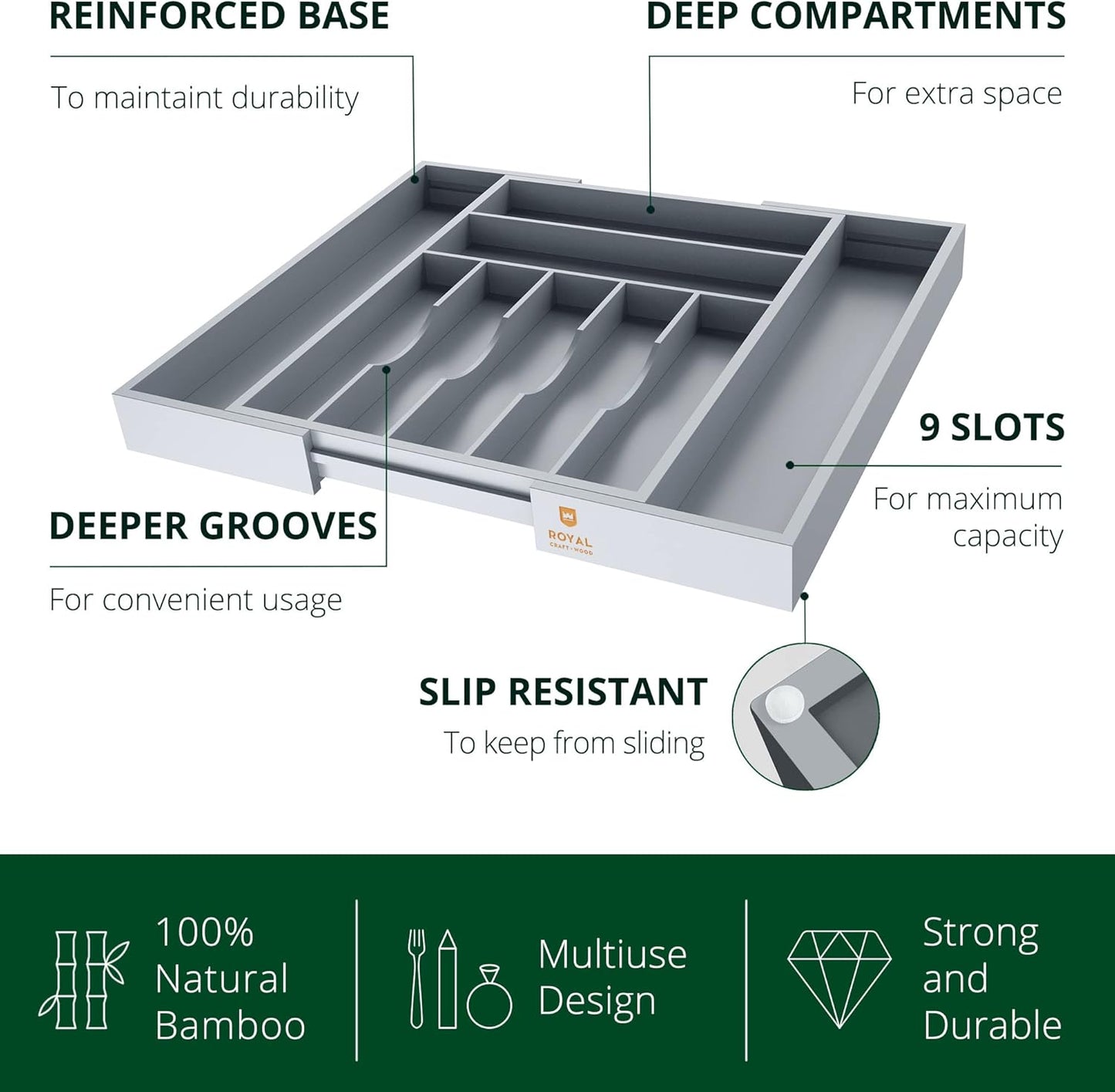 ROYAL CRAFT WOOD Luxury Bamboo Kitchen Drawer Organizer - Silverware Organizer - Utensil Holder and Cutlery Tray with Grooved Drawer Dividers for Flatware and Kitchen Utensils (9 Slot, Gray)