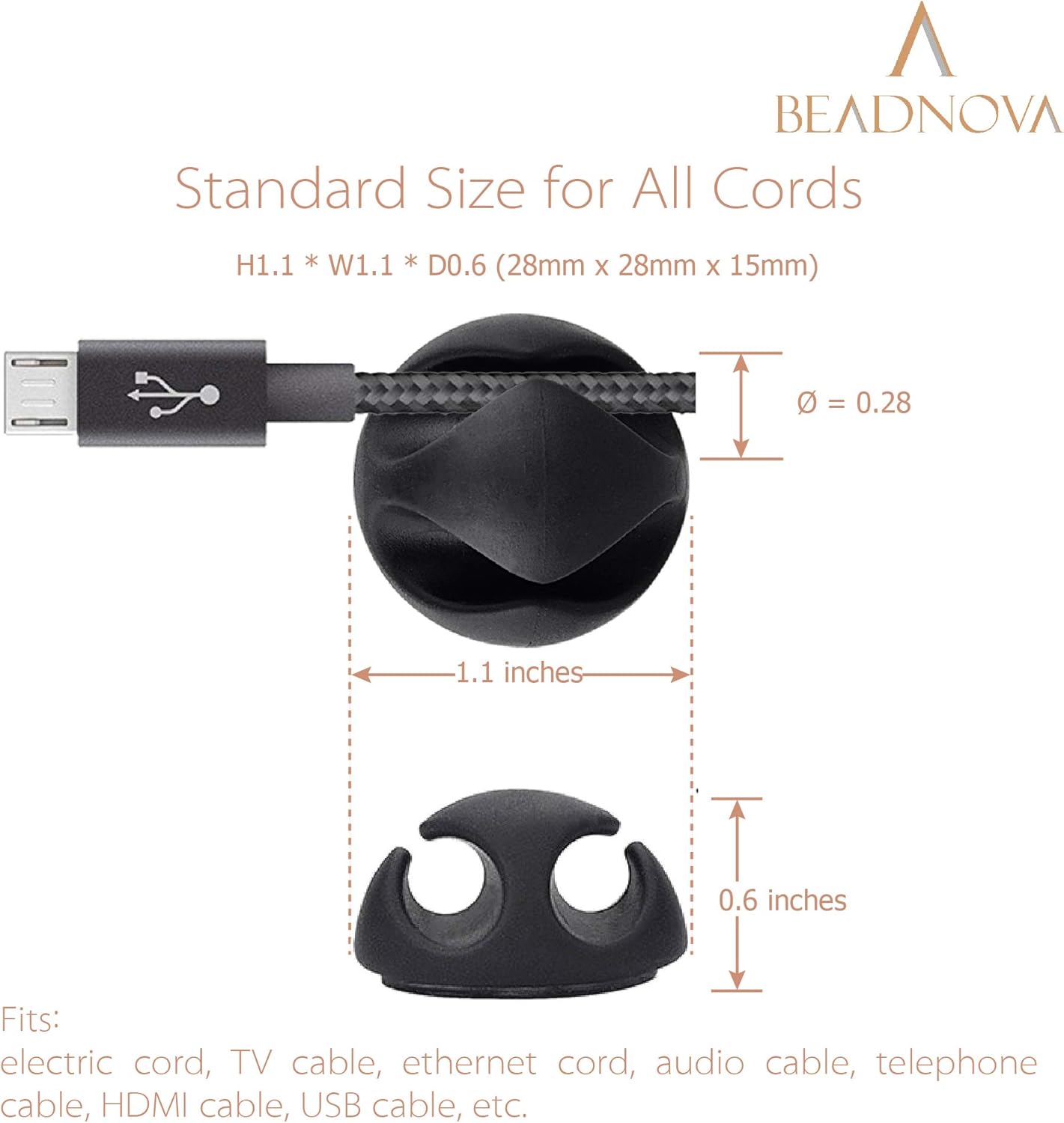 BEADNOVA Cable Clips Cord Organizer Cable Management Wire Cord Holder 2 Slots Adhesive Wire Holder for Car Charging Accessory PC Office Home (Black, 8 pcs)