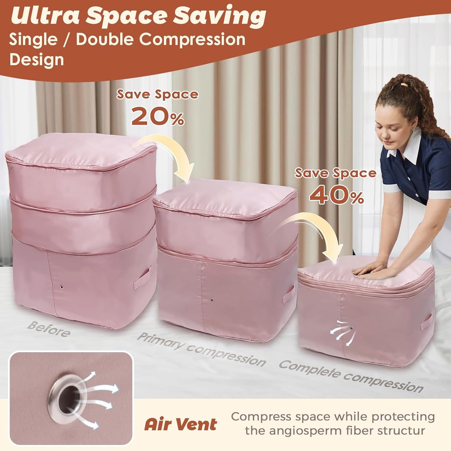 Ultra Space Saving Self Compression Organizers, 4 Pack Double Zipper Compression Packing Cubes for Bedding, Comforter Storage Bag for Blankets Duvet Quilts Pillows Queen King (Gray, X-Large)