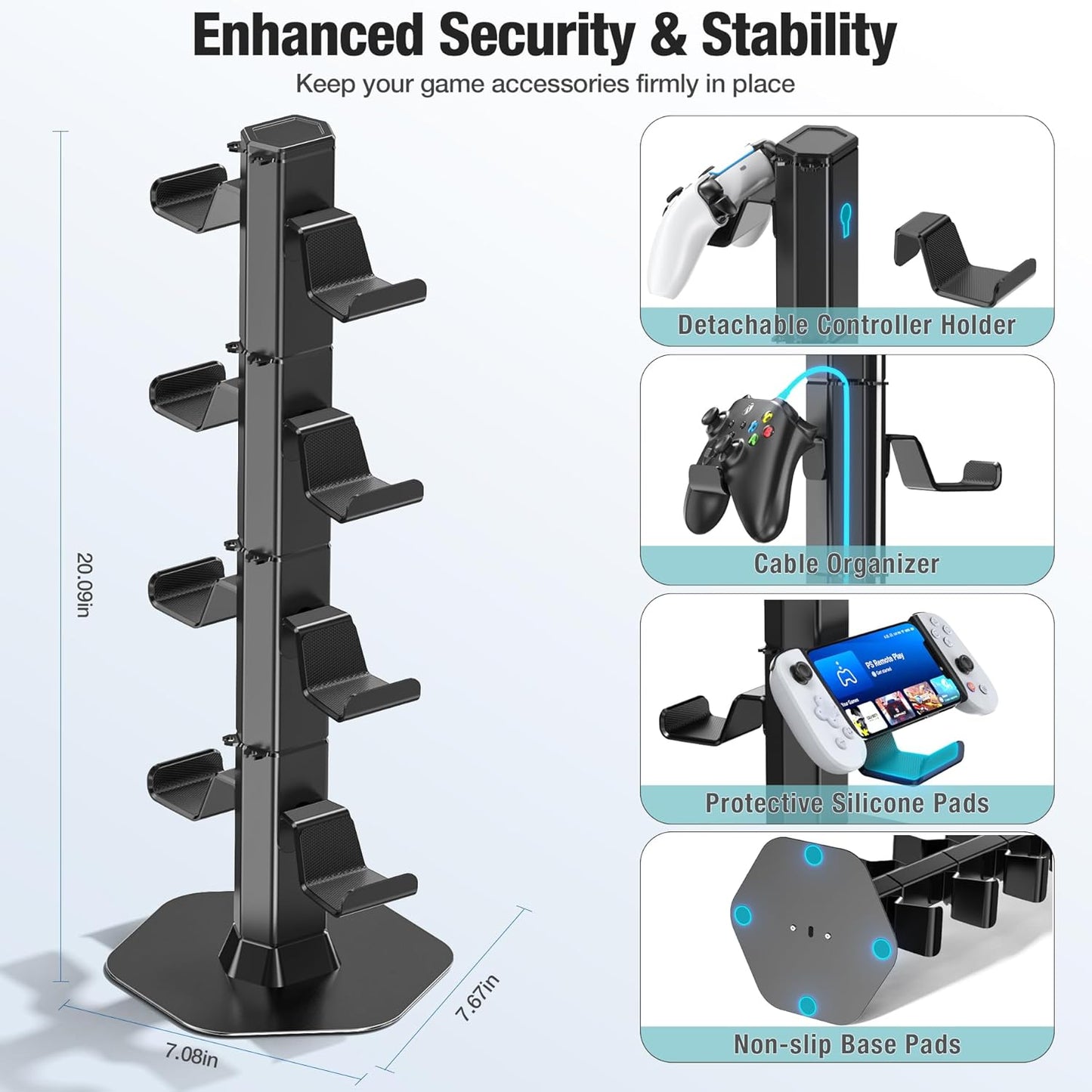 Controller & Headset Holder Stand for Desk, with Charger Cable Organizer Headphone Stand for PS5/ Xbox/ PS4/ Switch, Metal Base Controller Hanger Hook for Storage Earphones, Game Console, Mobile Phone