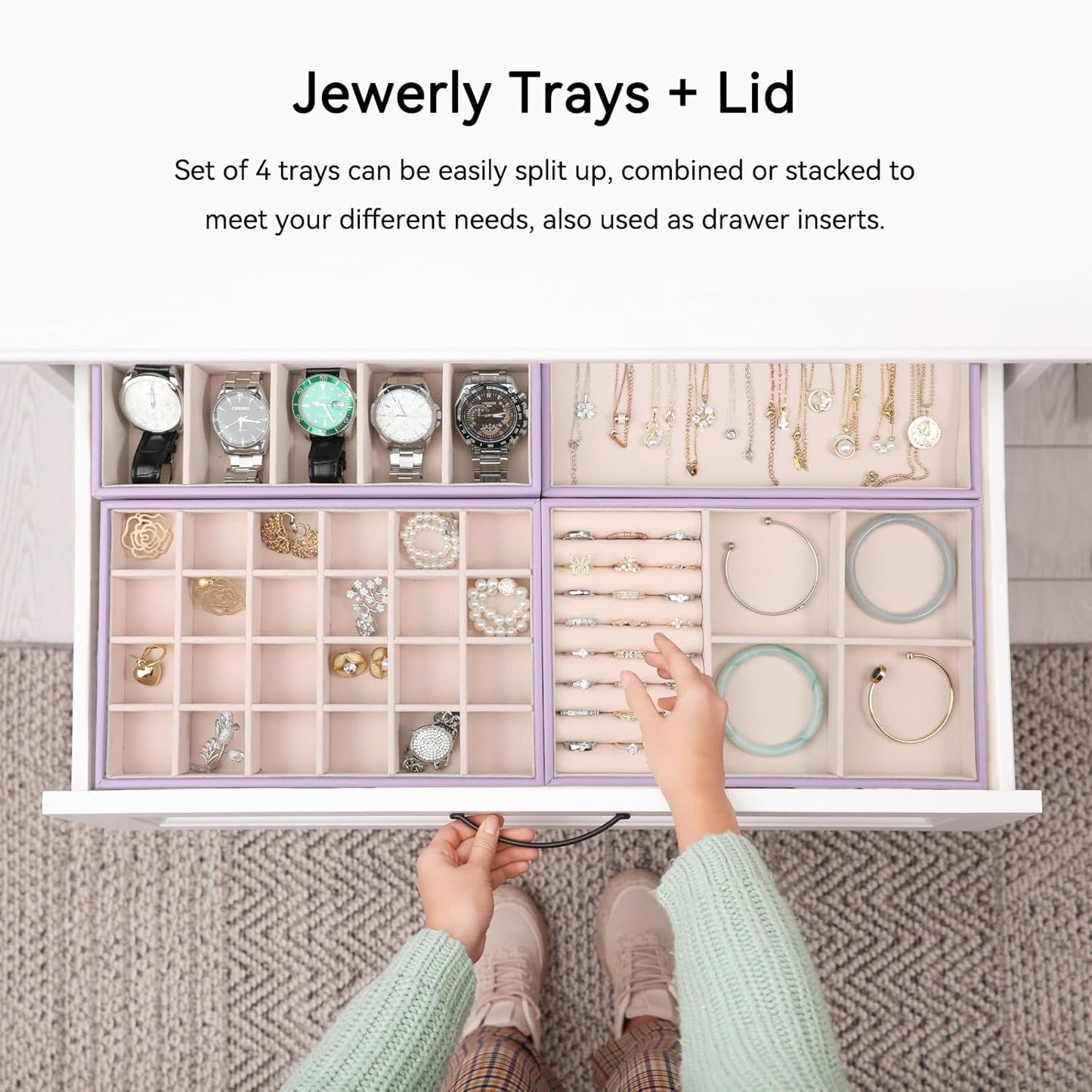 Voova Stackable Jewelry Organizer Tray with Lid, PU Leather Jewelry Storage Holder for Drawer Inserts, Jewellery Display Box Case for Earring Necklace Ring Watch Bracelet (Set of 4, Lavender)