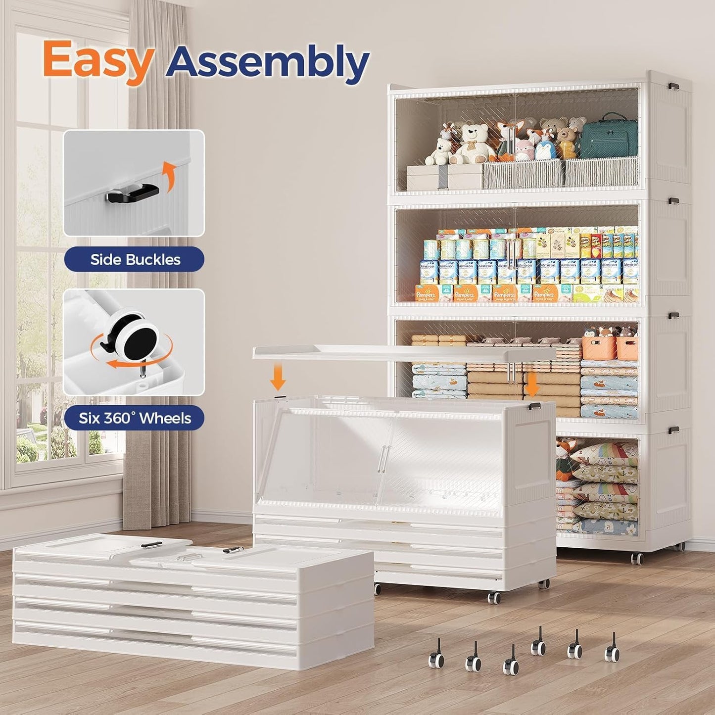 150GAL Extra Large Storage Bins with Lid, 600QT Collapsible Organizer with Wheels, Stackable Closet Cabinet with Doors, Folding Storage Containers for Home, Office, Kitchen, 3Pack White