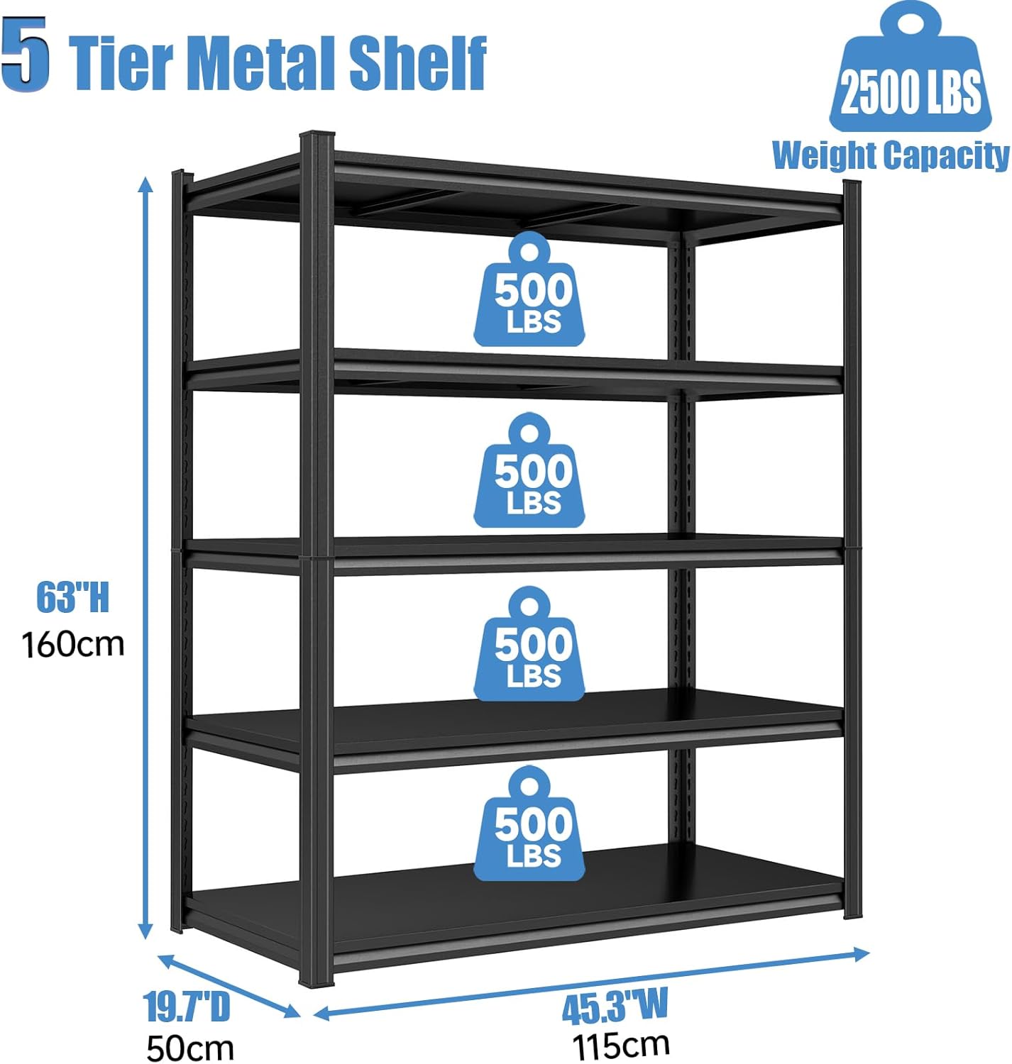 Garage Storage Shelves,5 Tier Shelving Unit, 40 inch Wide, 18” Deep, 78” Tall Organizer Metal Shelf for Basement/Laundry/Pantry Heavy Duty, Adjustable,Easy to Install (5Tier-45.3"Wx19.7"Dx63"H)