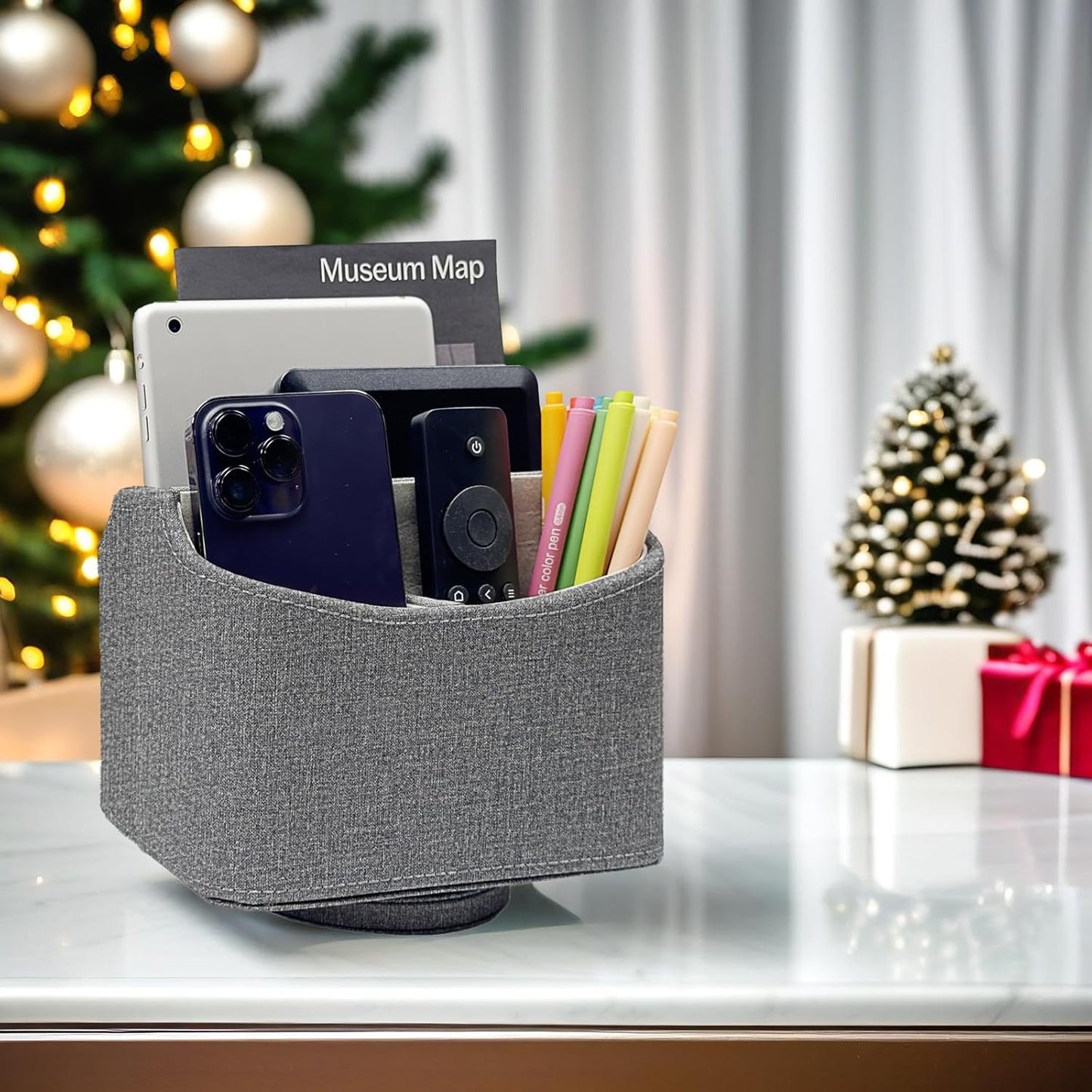UnionBasic Rotating Desk Organizer, 360 Degree Desk Spinning Caddy, Desktop TV Guide/Mail/Media/Remote Controller Holder Organizer, Grey Linen Texture