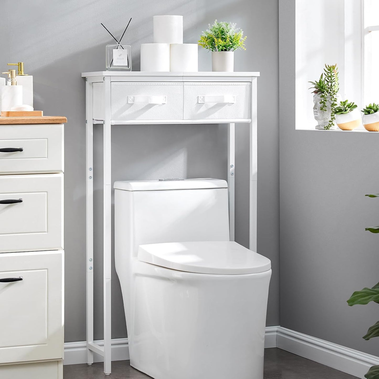 MOHOPE 2-Tier Over The Toilet Storage with 2 Fabric Drawers, Freestanding Above The Toilet Storage Cabinet, Space Saver Metal Over Toilet Bathroom Organizer Shelf for Small Space, White