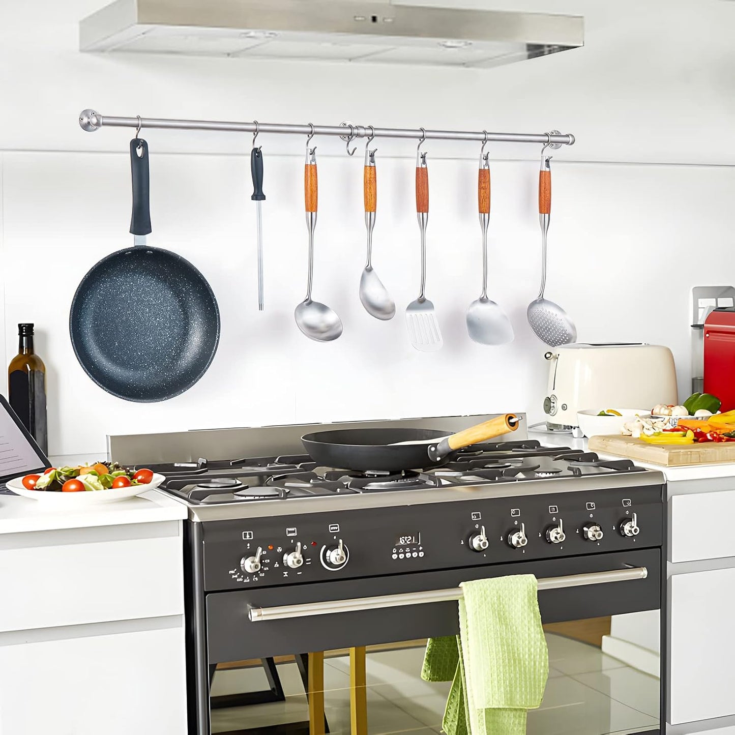 ROTHLEY Hanging Pot Rack Hanger: 39.4 Inch Stainless Steel Pot and Pan Hanger Pot Rack Wall Mounted Hanging Pots and Pans Rack Pot Hangers for Kitchen Wall Kitchen Rail with Hooks (Brushed)