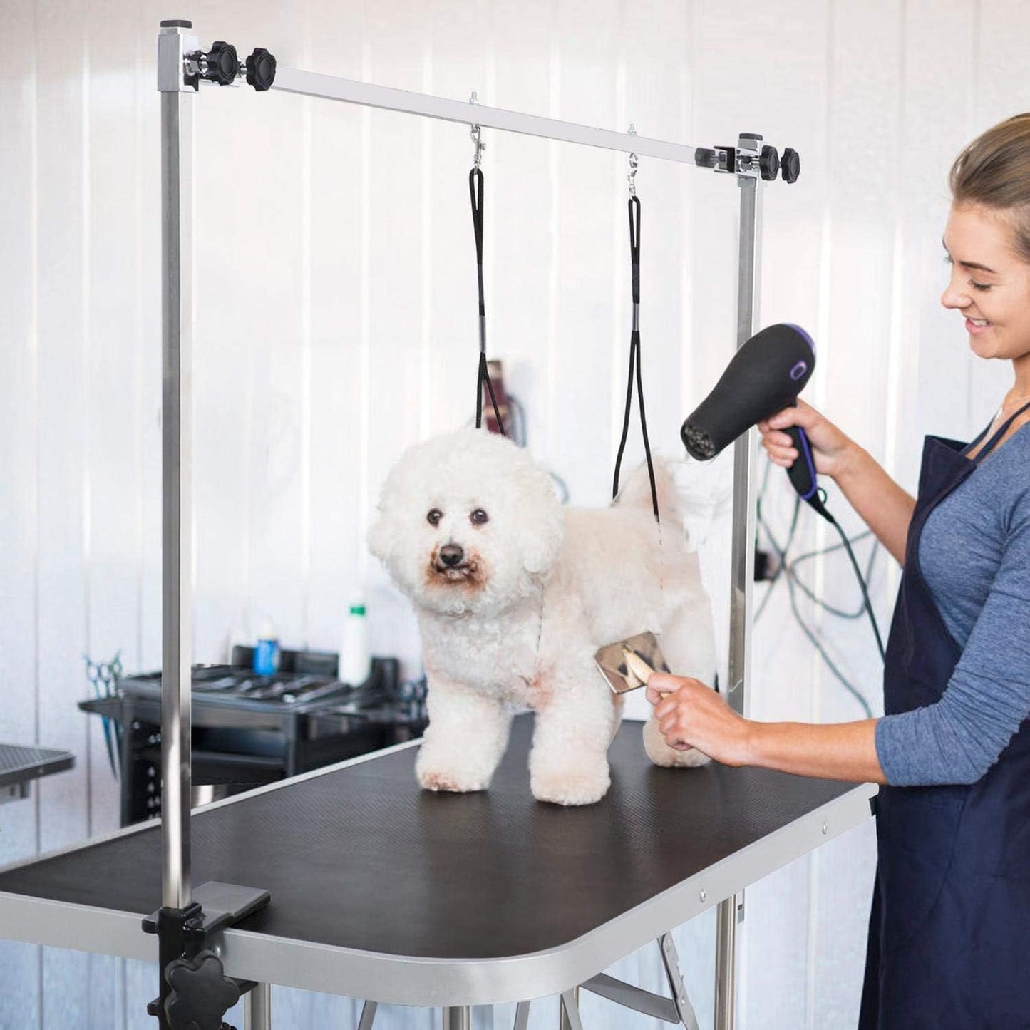 42" Dog Grooming Table Foldable Pet Grooming Tables with Adjustable Arm Noose Storage Mesh Tray Maximum Capacity Up to 330lbs Black