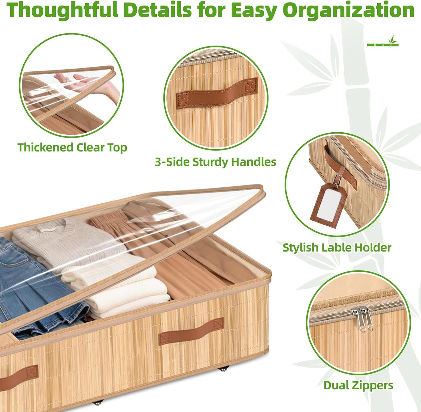 Livole Bamboo Under Bed Storage with Wheels, 6 inches Underbed Storage Containers, 56L XXL Rolling Under Bed Storage Bins with Clear Lid & Label for Clothes, Blankets, Sweater, Shoes, 1 Pack