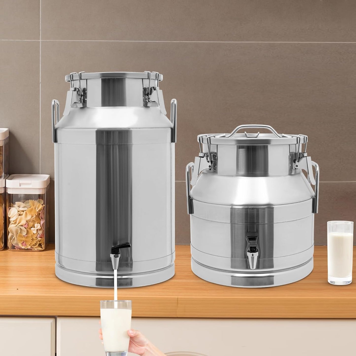 12~60L Heavy-duty 201 Stainless Steel Milk Can with Drip-free Spigot, Water Beverage Drink Dispenser Milk Pail Bucket for Milk Wine Oil (30L)