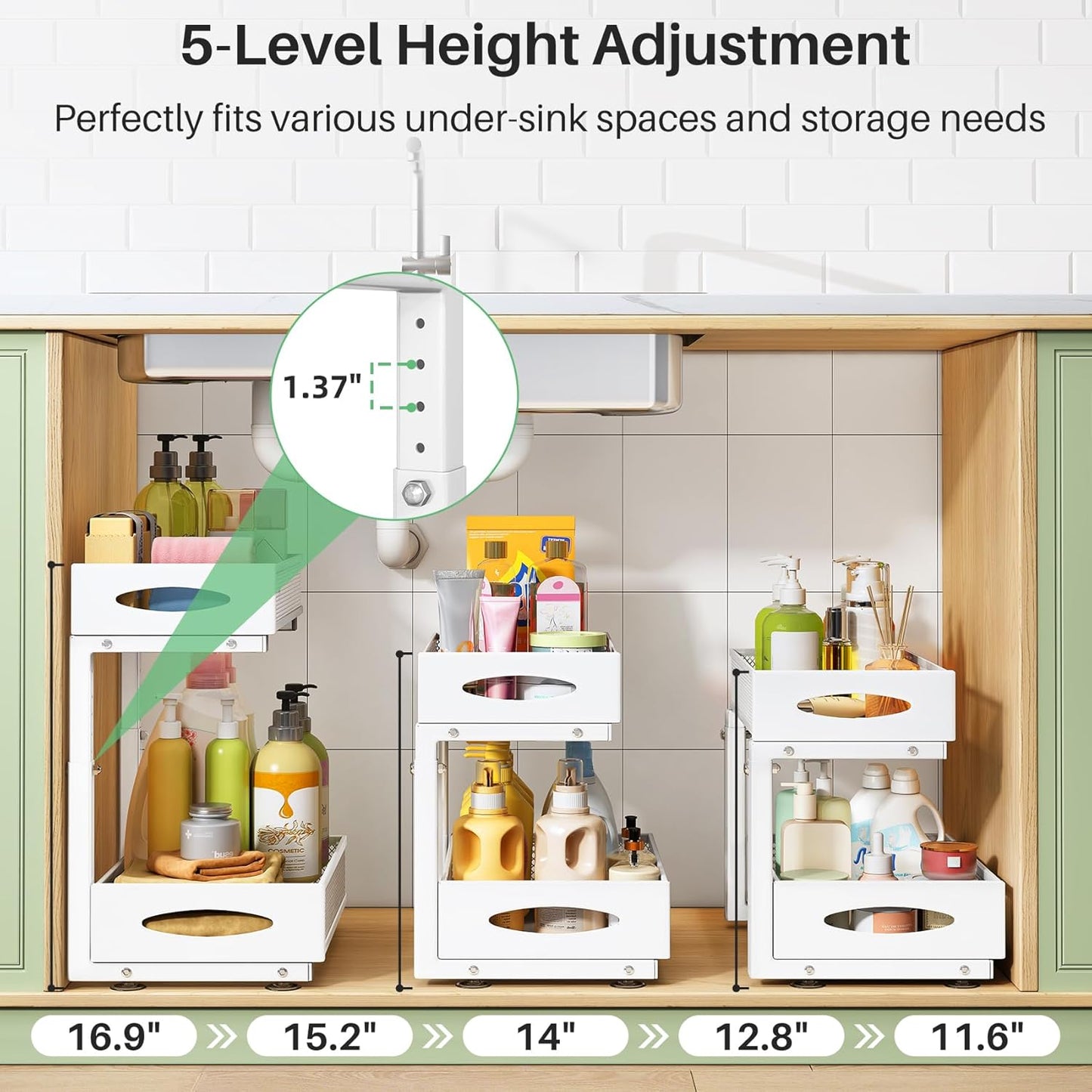 Under Sink Organizer, 2 Pack 2 Tier Pull out Cabinet Organizer Baskets with Mesh Sliding Drawers, Slide out Sink Storage Shelves for Kitchen, Bathroom, Pantry, Cabinet Organizers and Storage(White)