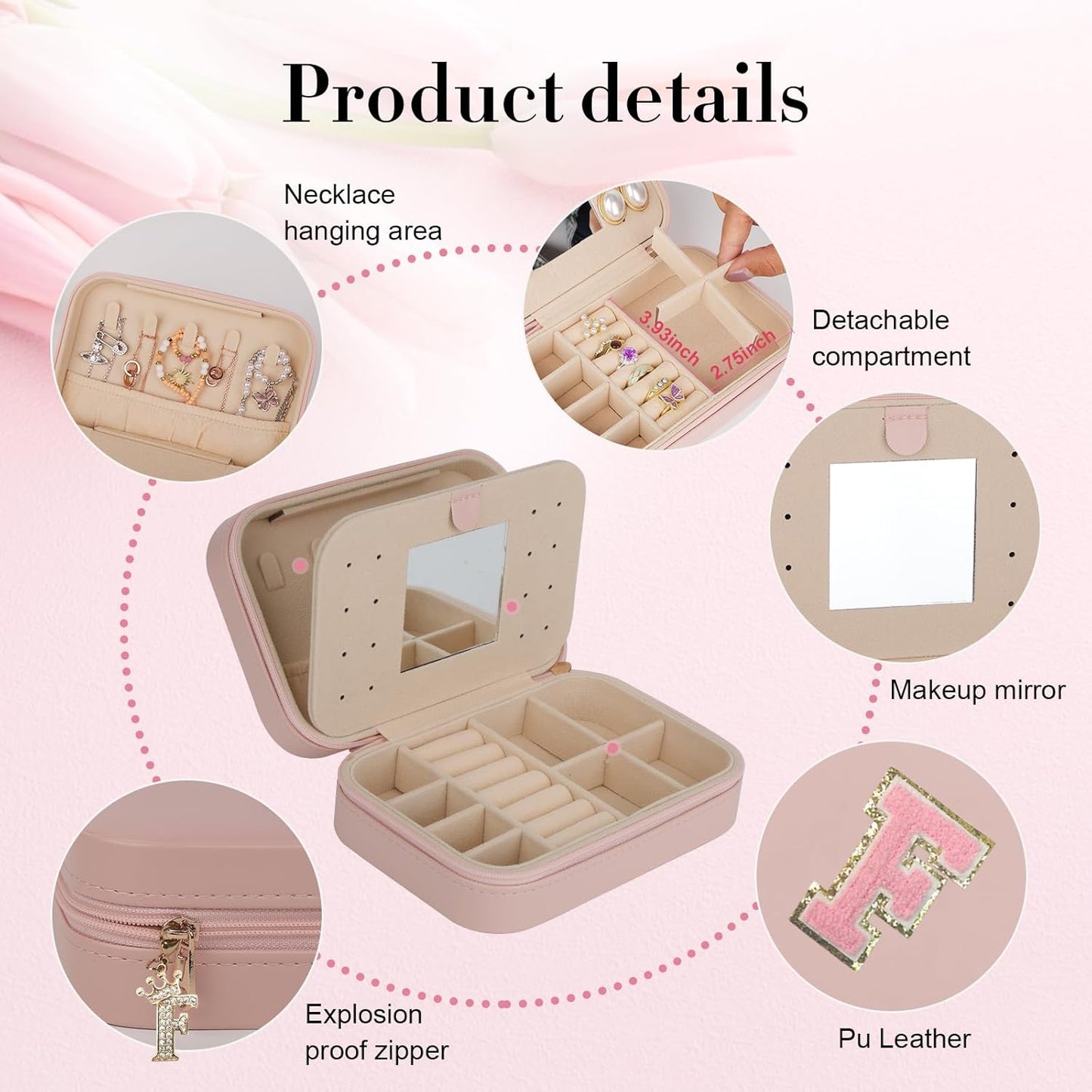 TopPerfekt Travel Jewelry Case Travel Jewelry Box With Mirror, Jewelry Organizer Bridal Shower Gifts To Her, Earring Travel Case, Trendy Gift for Women and Girls (F, Pink)