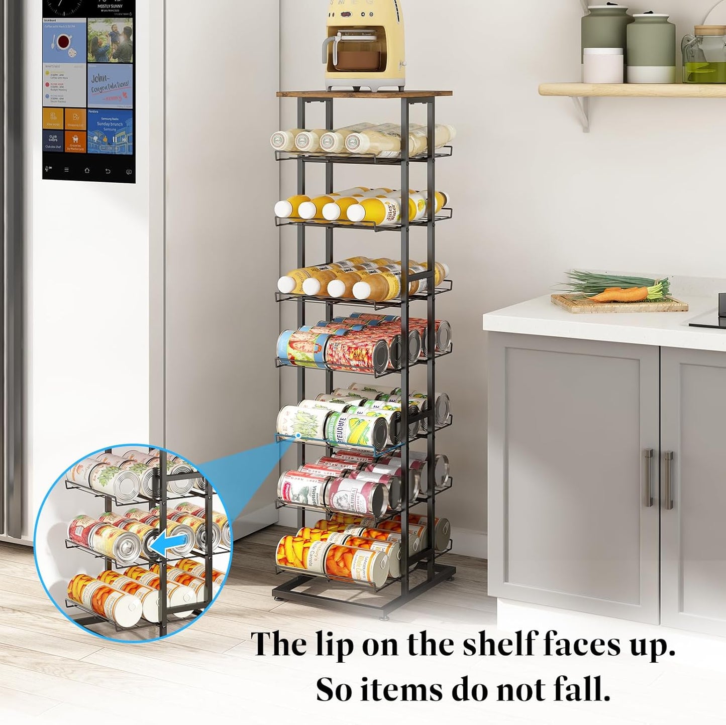 GILLAS 3 5 6 7 8 Tier Water Bottle Storage with Wooden Tabletop,Metal Beverage Can Rack,Large Capacity Bottled Rack Water Bottle Holder Stand for Cabinet,Countertop Kitchen,Party,Black