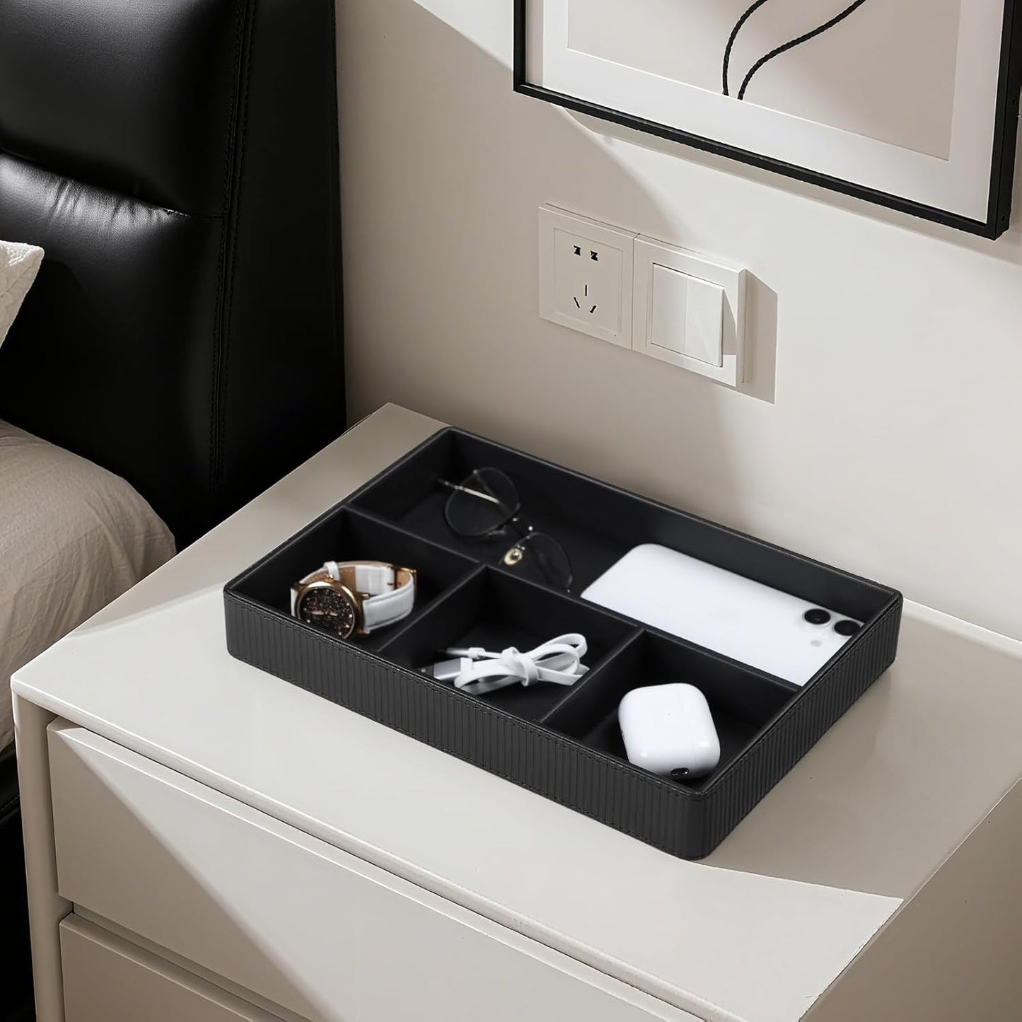 PU Leather Valet Tray, Decorative Trinket Vanity Desk Drawer Organizer Tray, Perfume Dish Catch All Bowl for Keys, Nightstand Drawer Organizer Women Men with 4 Compartments (Black)