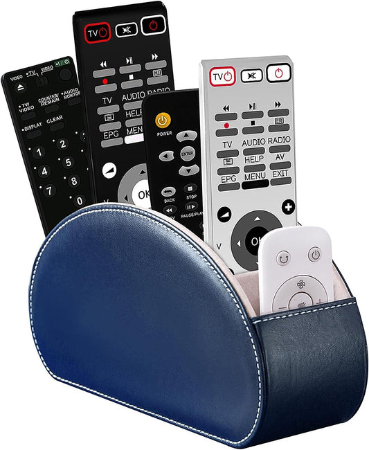 Remote Control Holders Organizer Box with 5 Compartment PU Leather Multi-functional Office Desk Storage Caddy Store Tv Remote for Media Player,Brush,Pencil,Glassees&Office Supplies (Dark Blue)