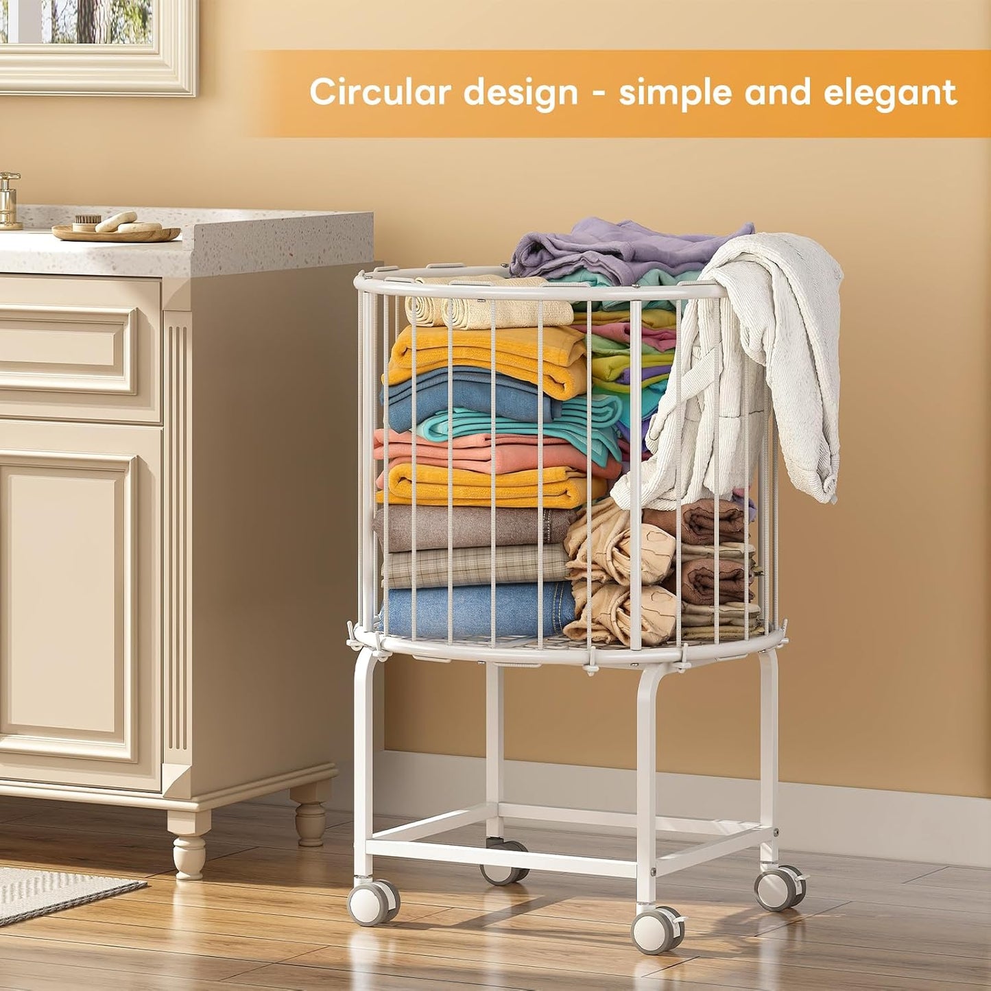 29-Gallon(110 L) Laundry Cart with Wheels,Rolling Round Metal Laundry Basket Cart with Elastic Cord,2 Locking Wheels-White