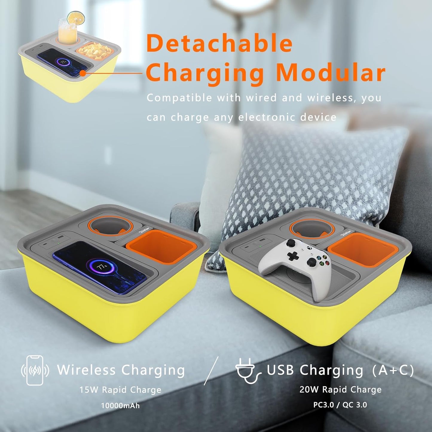 Couch Caddy Console,Self Balancing Cup Holder,Drink Snack Caddy,Wireless Charging,TV Remote Control Storage Couch Organizer - Anti Spill Sofa Console for Couch, Bed, Car, Video, Gaming