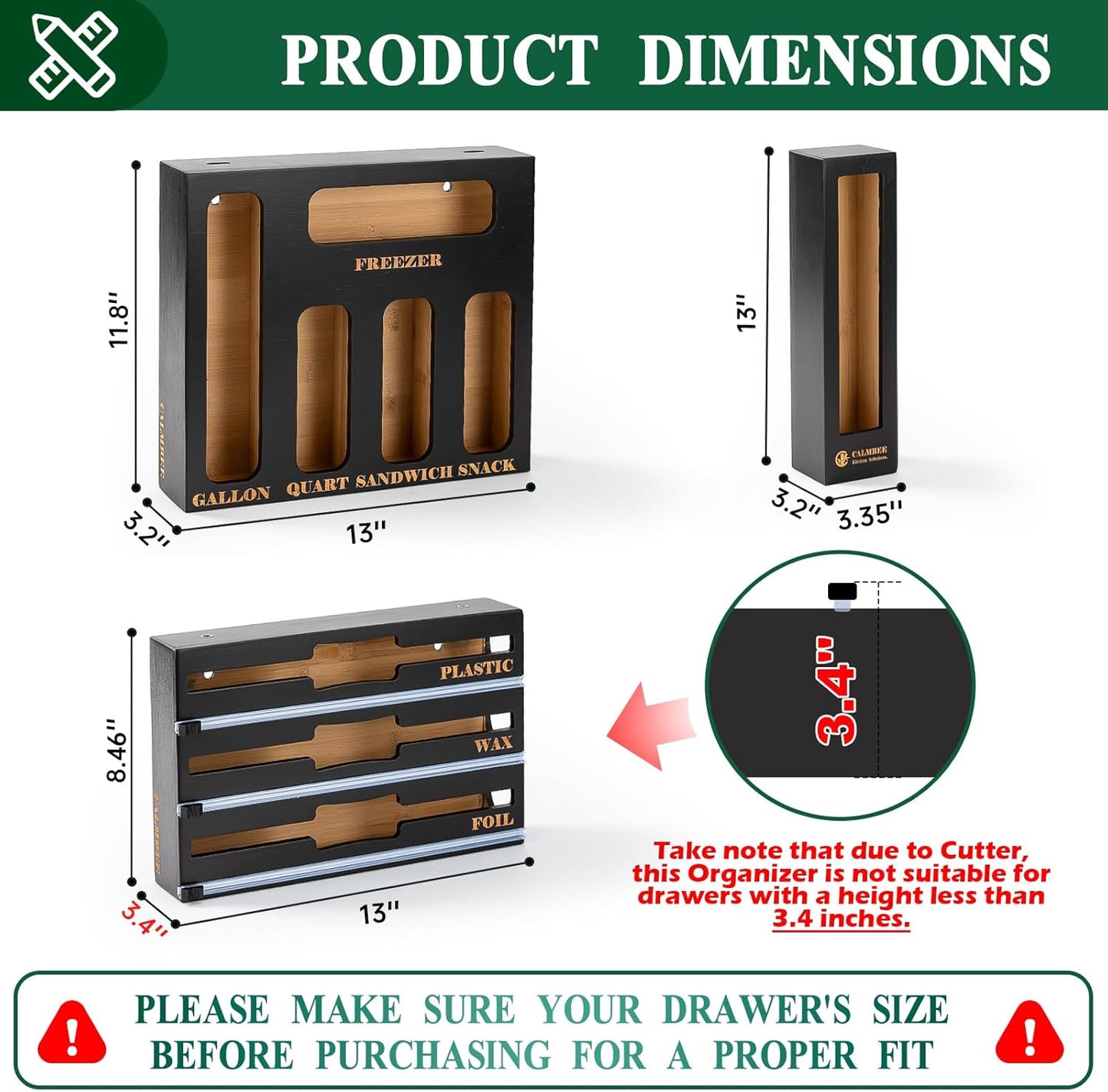 Calmbee 9-in-1 Bamboo Kitchen Organizer - Black & Multicolor Modern Minimalist Caddy with 3-in-1 Wrap Dispenser, Cutter & Bag Organizer