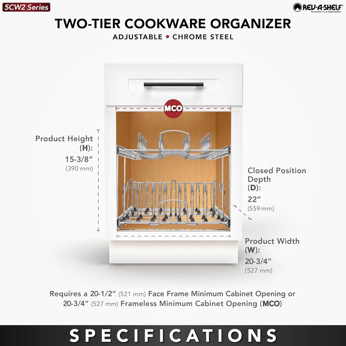 Rev-A-Shelf 2-Tier Kitchen Cabinet Pullout 20.75" Cabinet Organizer for Pots, Pans, and Lid Cookware, Adjustable Heavy Duty Wire, Chrome, 5CW2-2122-CR