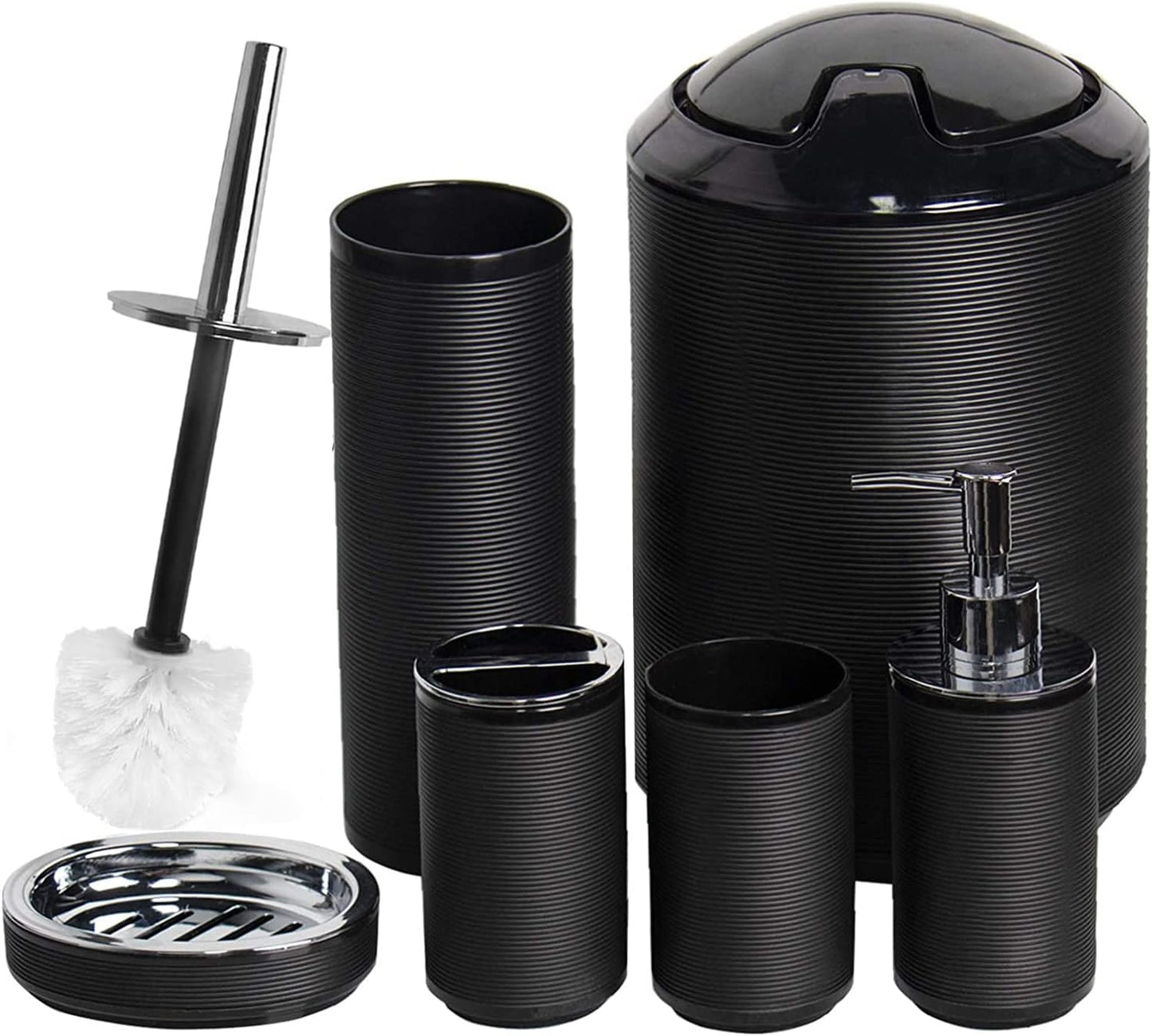 CERBIOR Bathroom Accessories Set 6 Piece Bath Ensemble Includes Soap Dispenser, Toothbrush Holder, Toothbrush Cup, Soap Dish for Decorative Countertop and Housewarming Gift, Black
