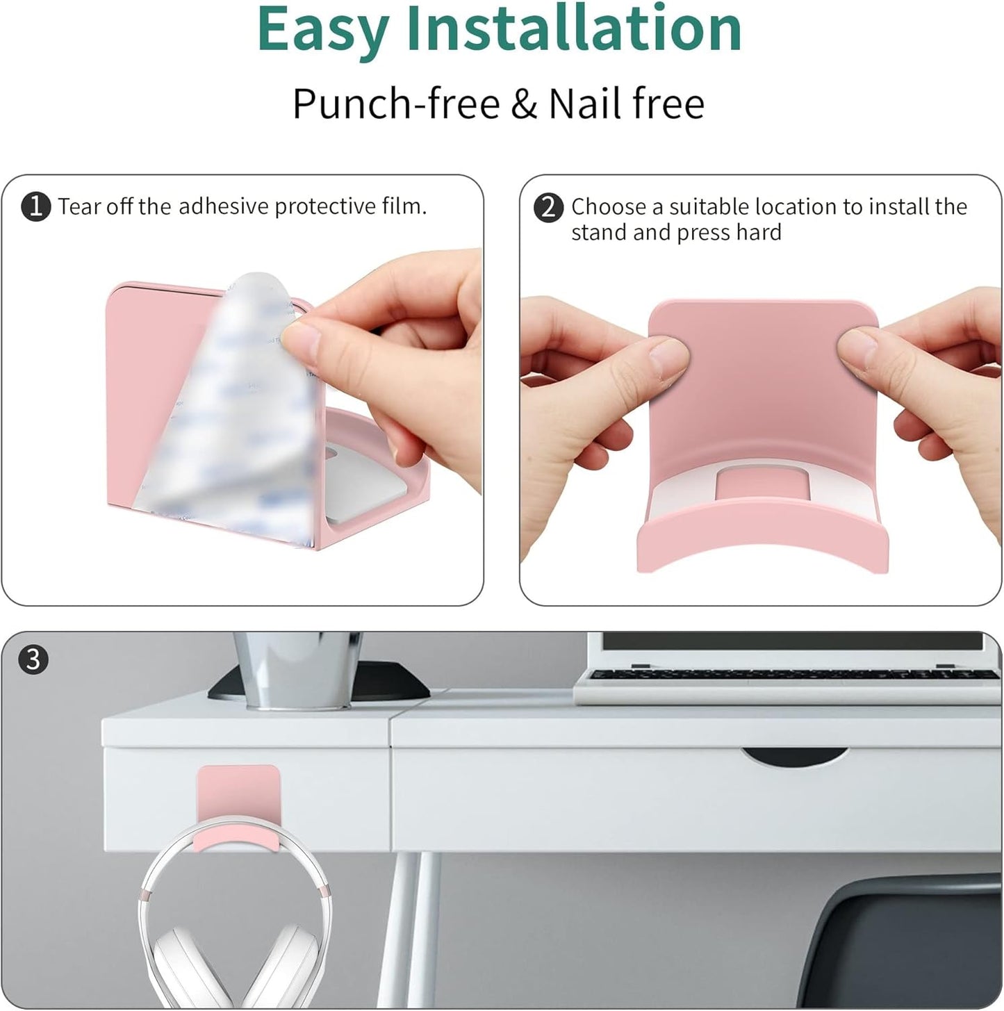 HomeMount Headphone Stand Headset Holder - Adhesive Gaming Headphone Hanger Hook Desk Mount for Most Headphone & Controller (Pink)