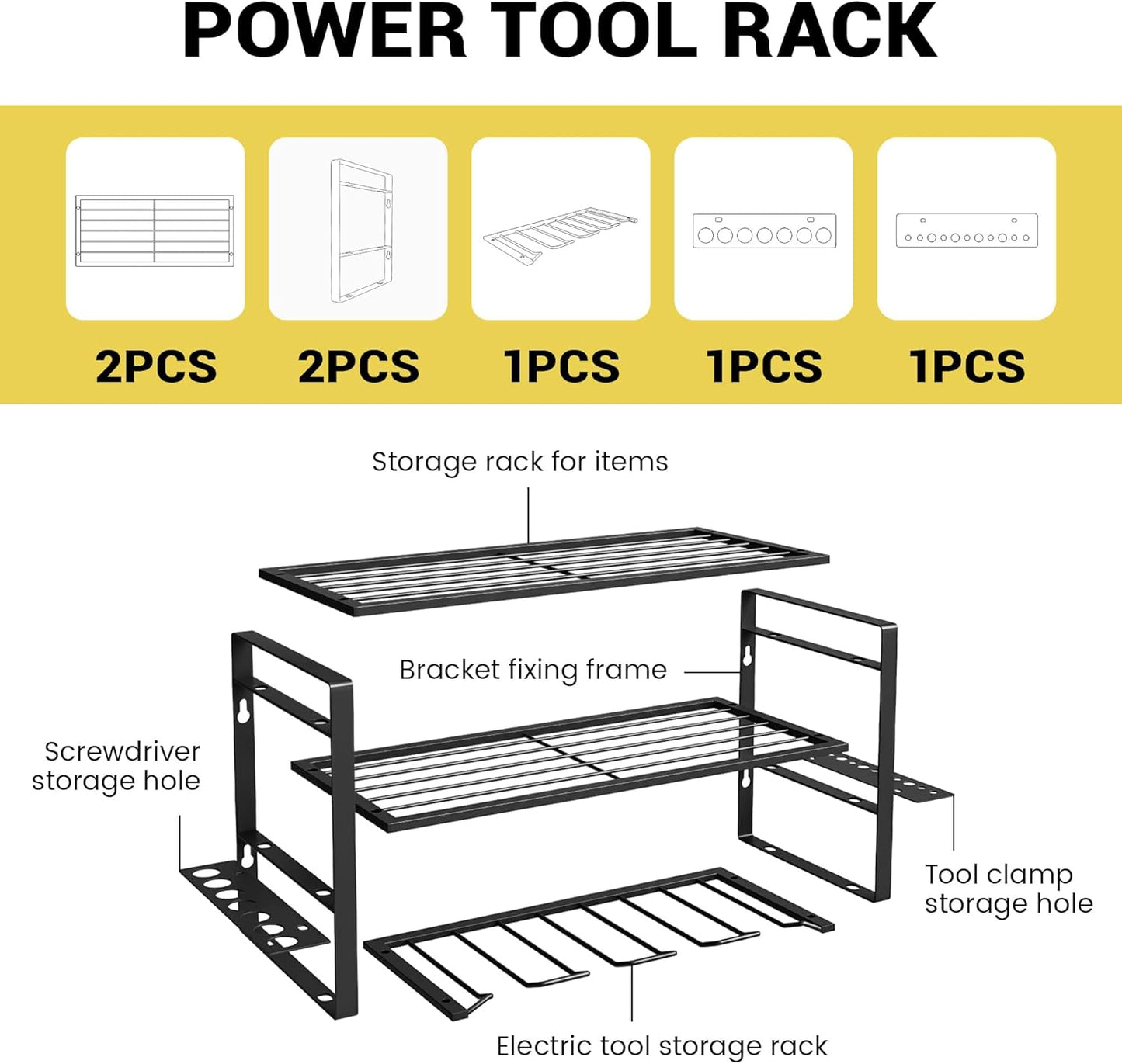Power Tool Organizer Wall Mount, 3-Tier Heavy Duty Metal Rack Loads 180lbs with 4 Drill Holders and Side Hooks, Tool Battery Utility Rack Suitable Garage﻿