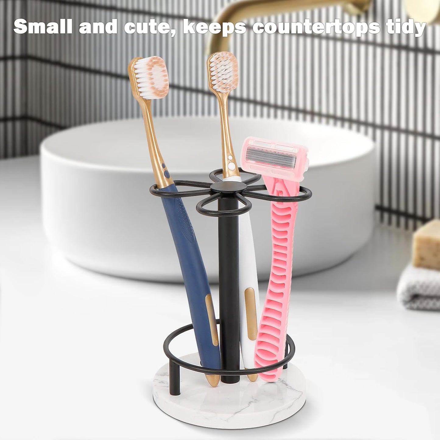 HarJue Toothbrush Holder Stand for Bathroom, Metal Toothbrush Organizer with Marble Base, Toothbrush Storage Collection for Family, Suitable for Home Hotel Countertop Vanity (Small, Matte Black)