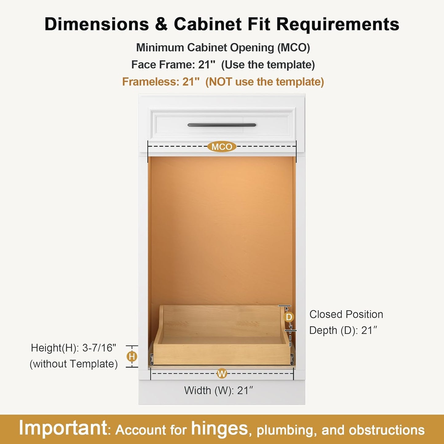 ALINE FURNITURE Birch Pull Out Drawers for Cabinets, 21" W x 21" D x 6" H Soft-Close Slide Out Drawer for Kitchen Cabinets, Pull Out Shelves, Pantry Cabinet Organizer, with Pre-Drilled Wood Template