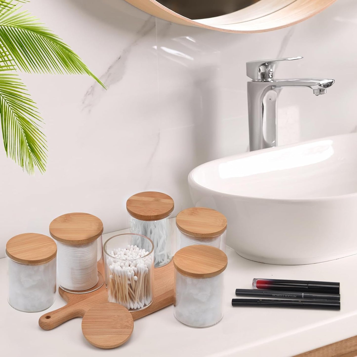 6 Pack Glass Qtip Holder Dispenser Set - Apothecary Jars with Lids for Vanity Makeup Organizer - Bathroom Canister Storage Organizer