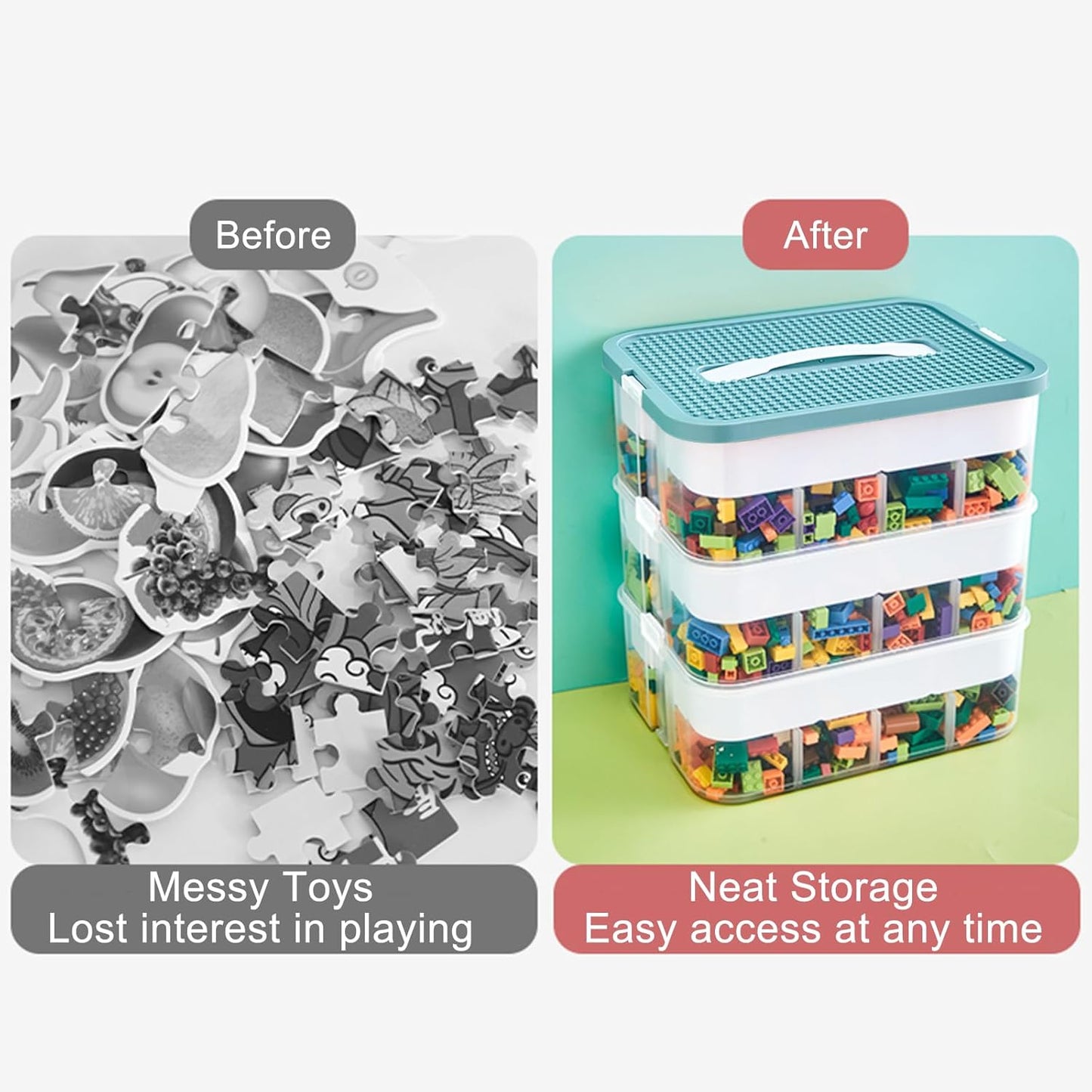 Toys Organizer Storage Case for Lego Box Kids Toy Stackable Building Blocks with Lids Bins Adjustable Lego Storage Containers Plastic Toy Box Green 1 Layer