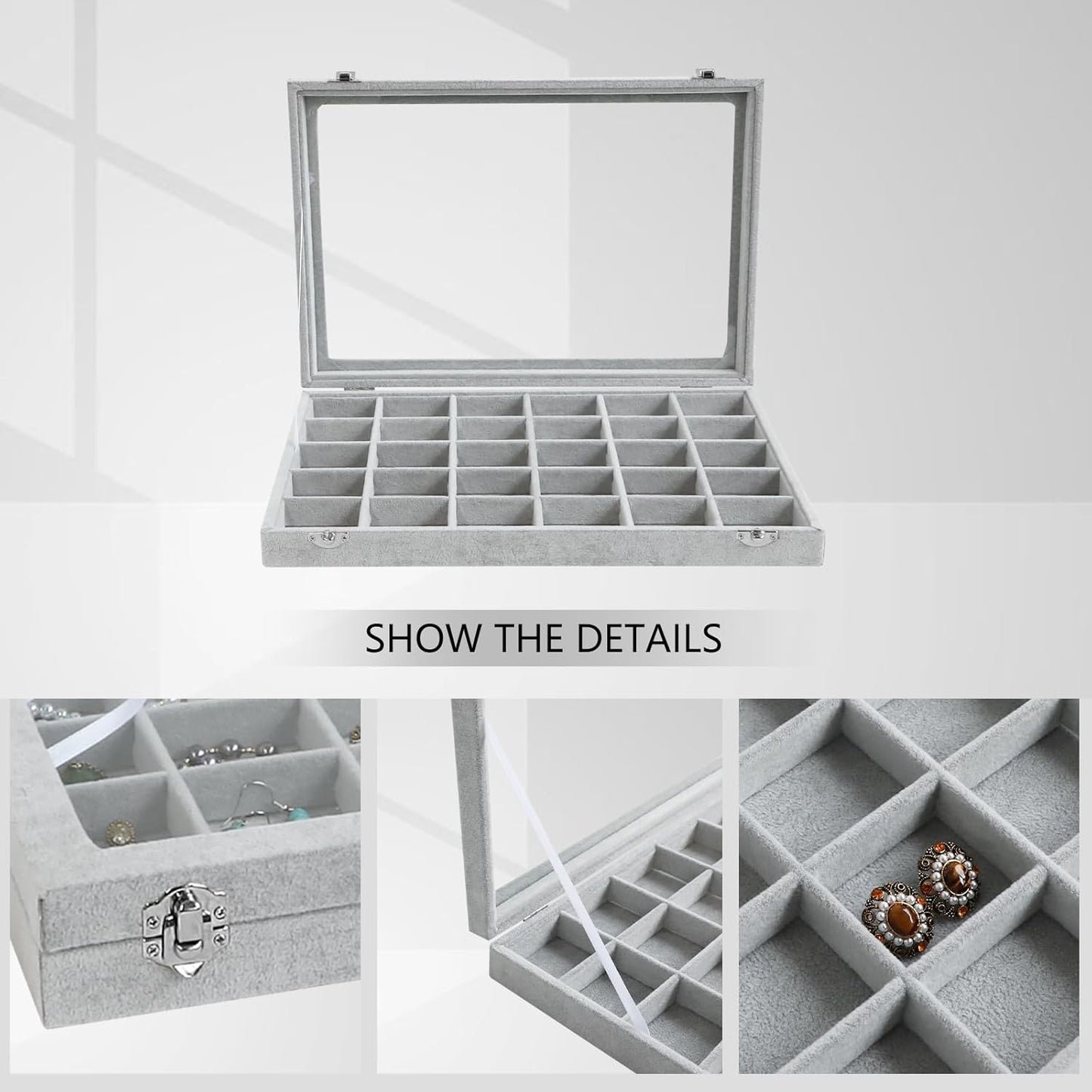 Wudygirl 30 Grid Jewelry Organizer Velvet Jewelry Box Jewelry Tray with Clear Lid Storage Case Showcase Display Stackable Removable (30 Grid)