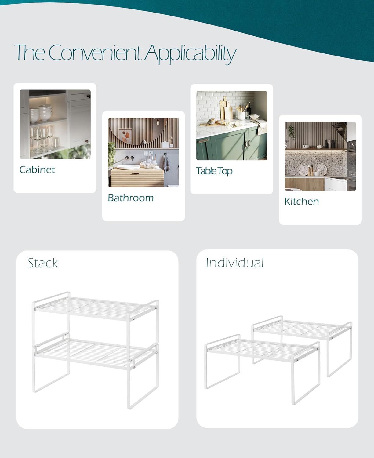 2Pack Kitchen Cabinet Shelf Counter Organizer Rack Pantry Storage Bathroom Bedroom Office Table Desk Space Saving Stackable Rust Resistant Non Slip White Wide L16.1in W10.6in H7.3in