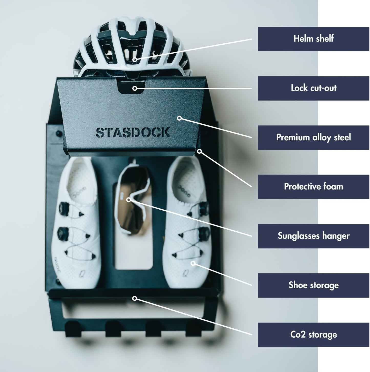 Stasdock Wall Bike Rack | Bike Storage Wall Mount System | For Race Bicycles (Happy Black) and Mountain Bikes | Bike Shelf | Indoor bike wall bracket | Store your helmet and shoes | Home and Garage