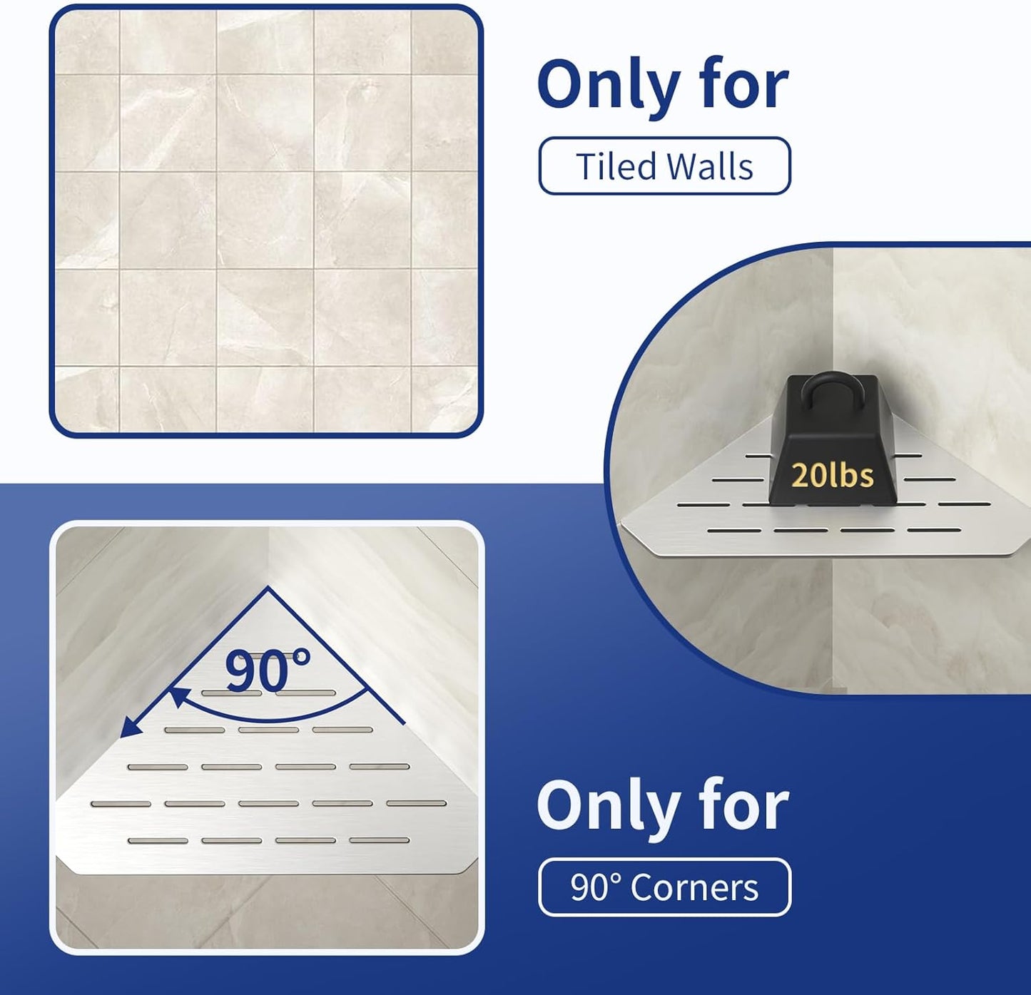 Corner Shower Shelf 10" Brushed 304 Stainless Steel Pentagonal Heavy Duty Floating Corner Shelf Slot Design Recessed Bathroom Shelf for Tiled Wall, No Drilling Needed
