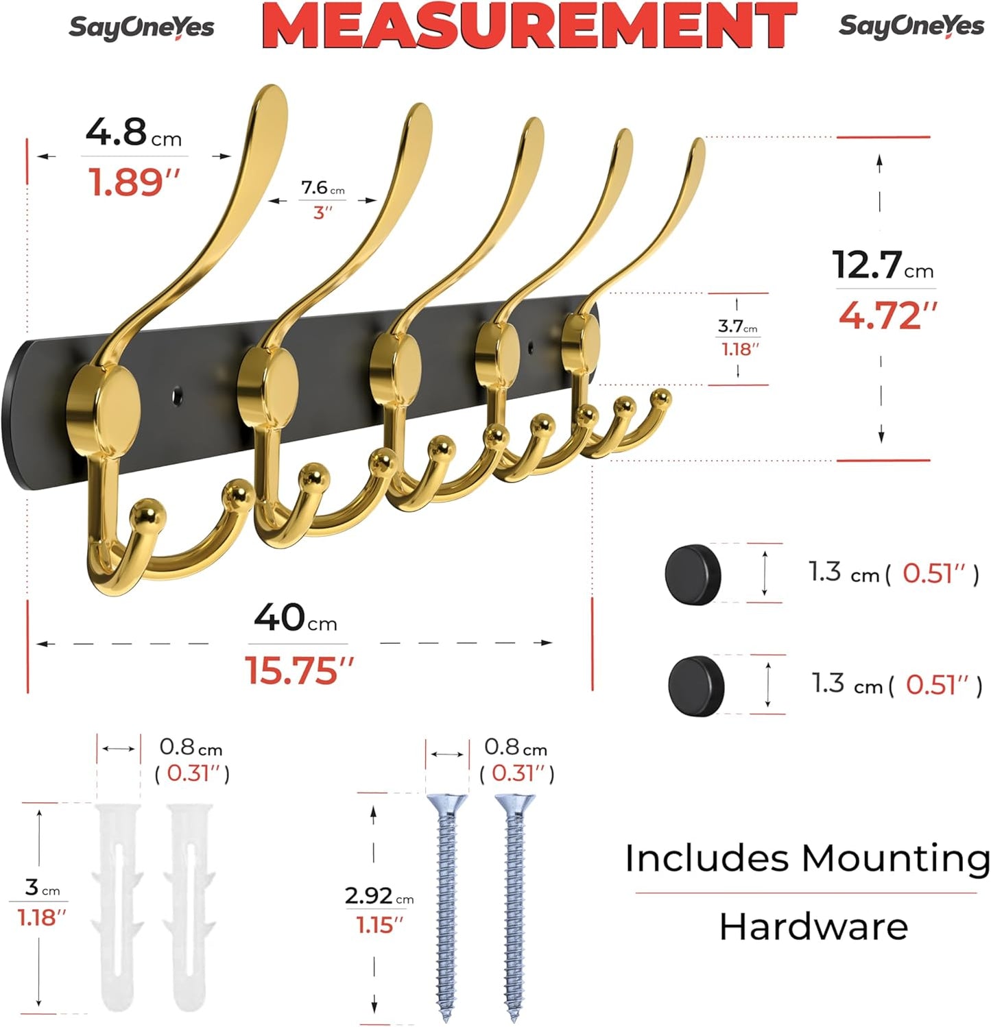 Coat Rack Wall Mount with 5 Tri Hooks, Stainless Steel 16 Inch – Black & Gold Matte Finish, Heavy Duty Wall Mounted Hook Rack for Coats, Hats, Towels, Scarfs, Robes, Bags, Entryway & Bathroom, 4 Pack