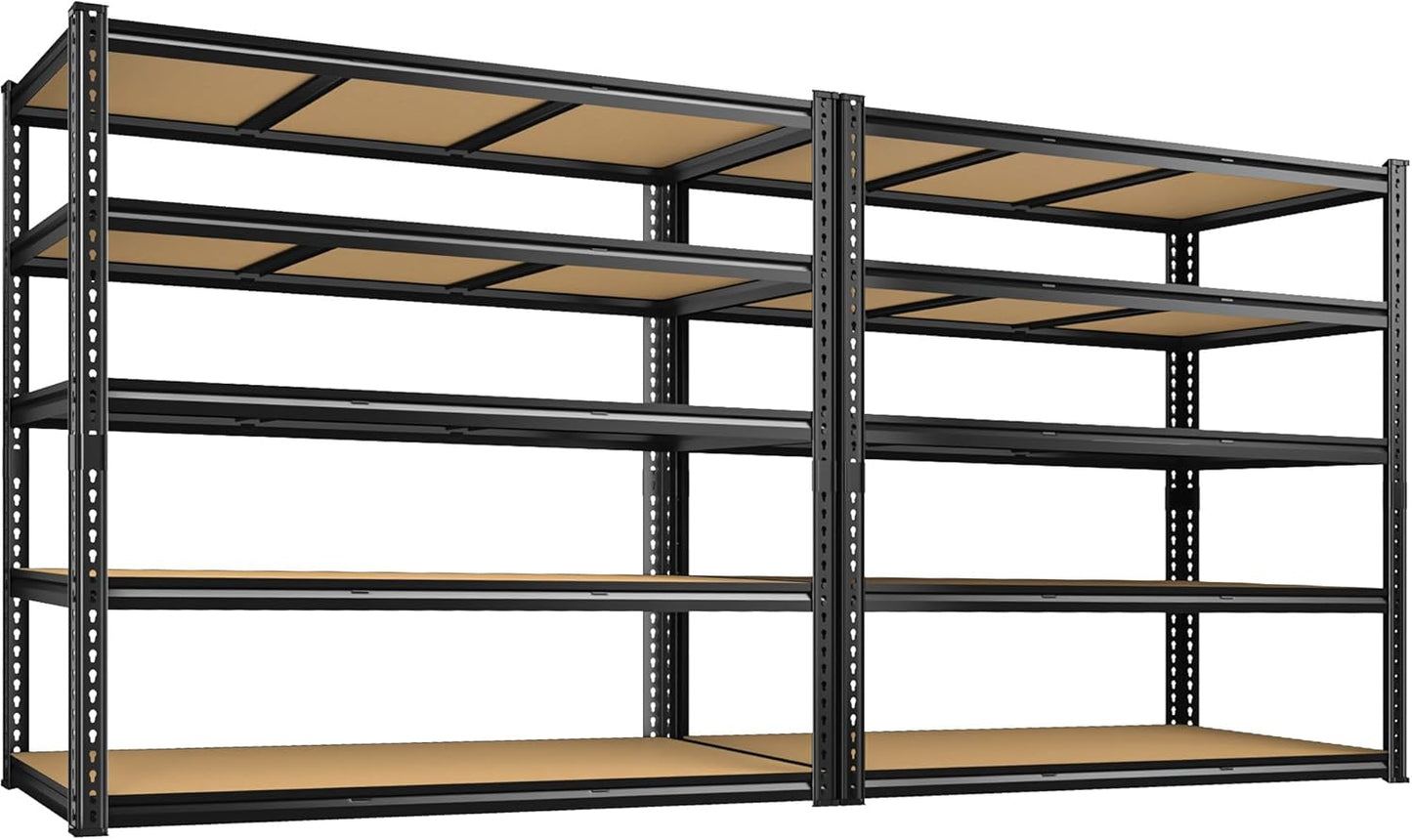 48" W Garage Shelving Heavy Duty 2800LBS Garage Storage Shelves, 5 Tier Adjustable Metal Shelving Unit Utility Rack Shelf for Warehouse, Pantry, Closet, Kitchen 72" H x 48" W x 18" D, Black，2PCS