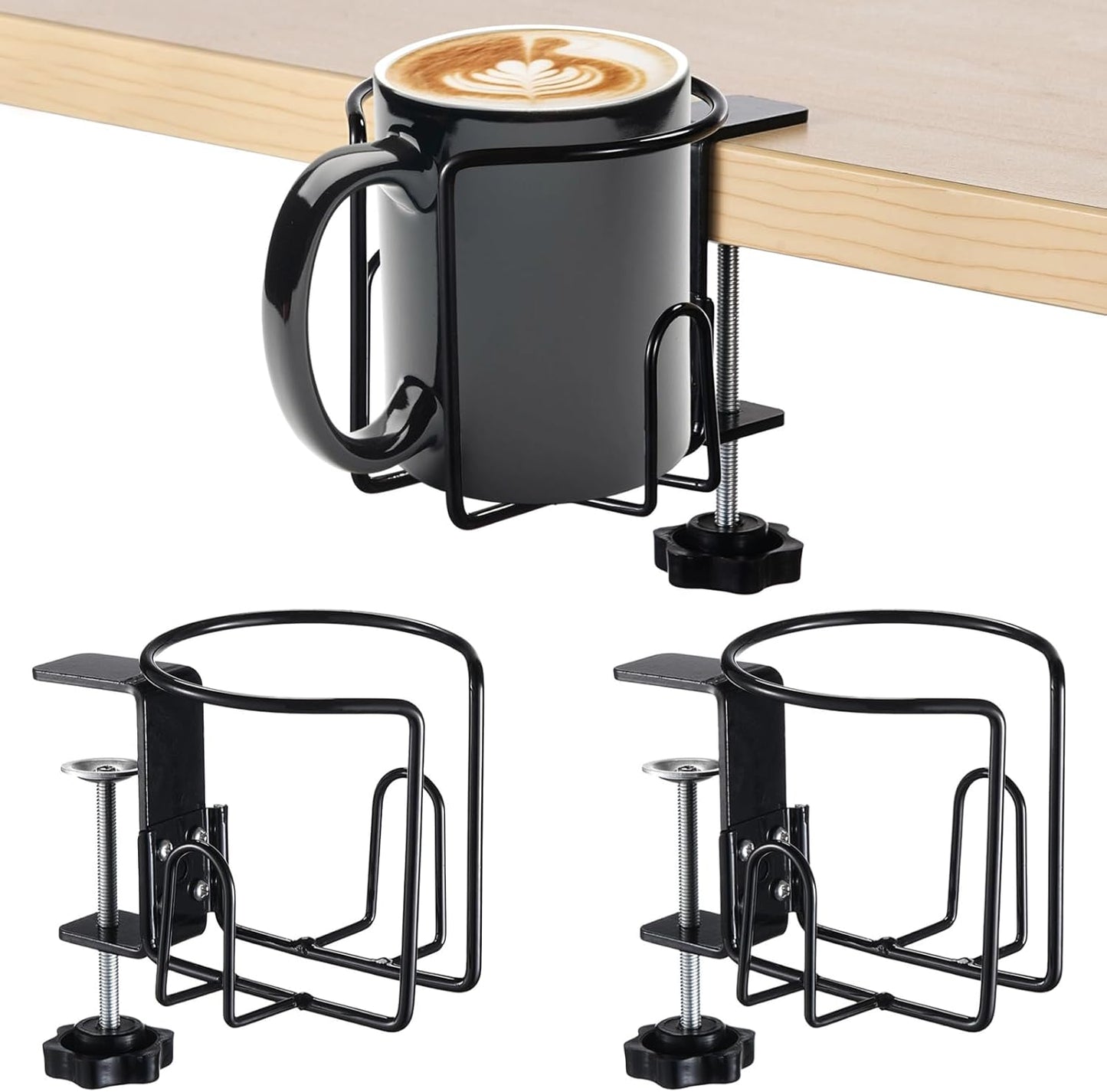 2 Pcs Desk Cup Holders, Anti-Spill Clamp-on Drink Mounts for Table, Adjustable Coffee Bottle Racks for Desks, Tables, Wheelchairs, Support Horizontal or Vertical Surface Mounting