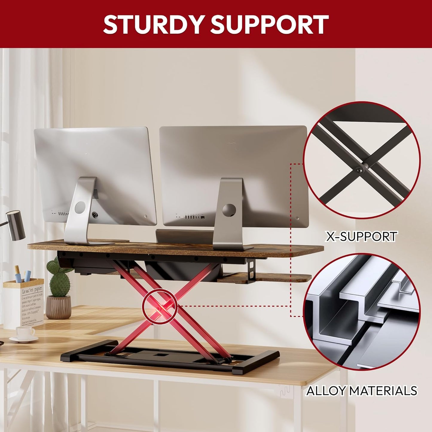 SANODESK Standing Desk Converter with Electric Motor 42" Height Adjustable Riser for Office Home,Dual Monitor and Laptop Workstation with Large Keyboard Tray, Rustic Color