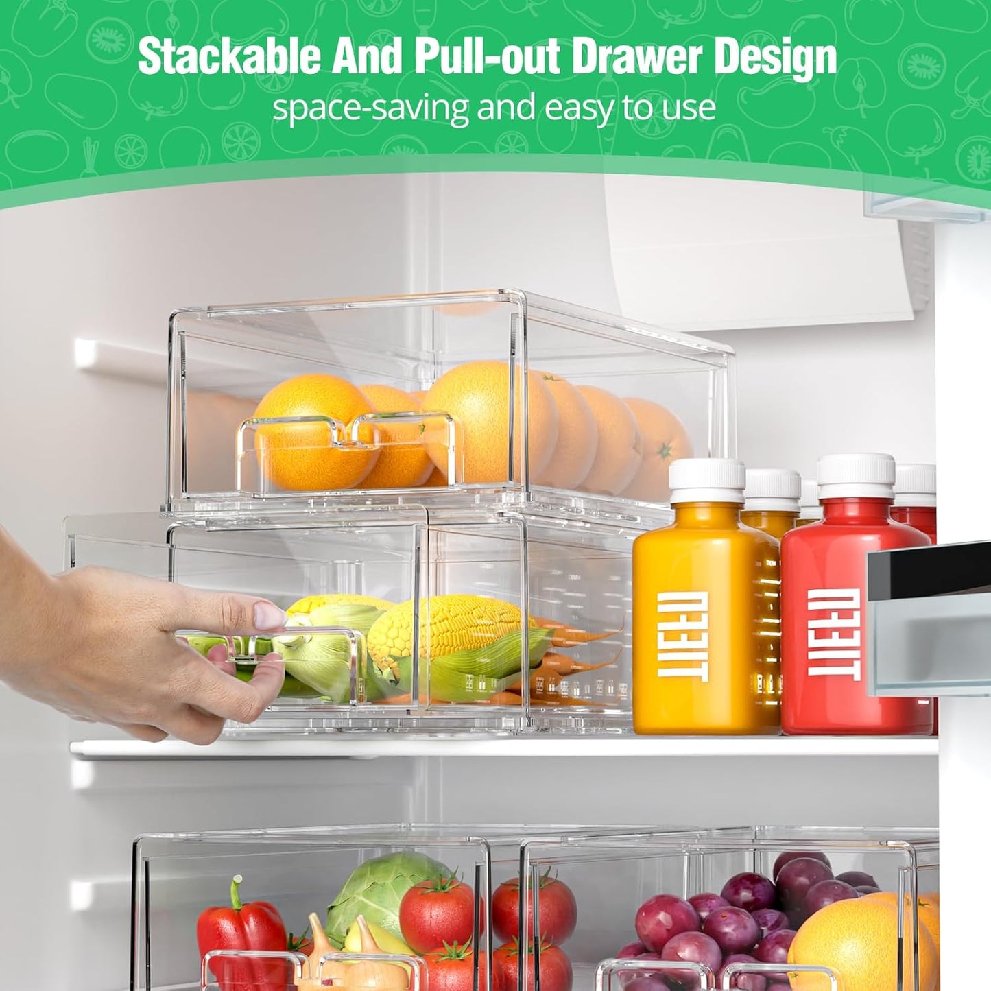2 Pack Refrigerator Drawers - Fridge Organizer Bins Stackable Storage Drawers, Clear Refrigerator Organizing Containers Pull Out Drawer for Fruit, Vegetable Storage and Keep Fresh
