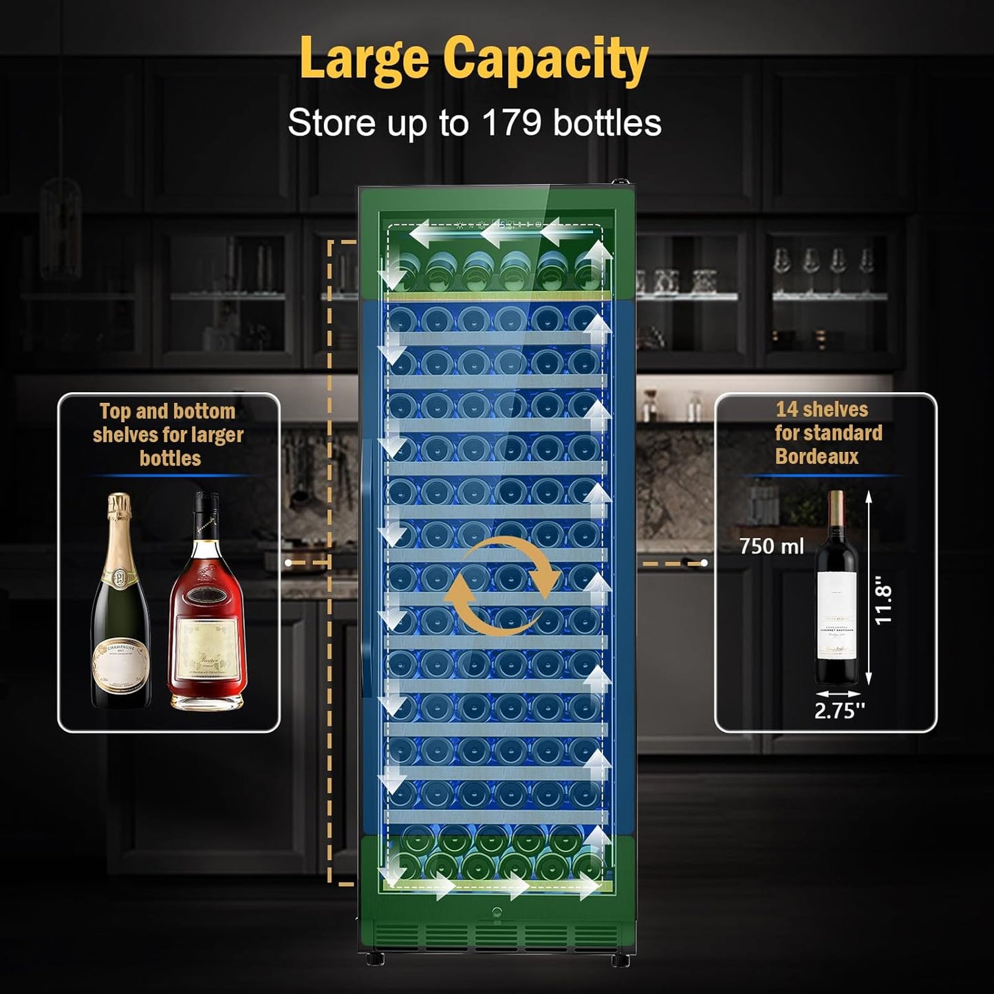 Wine Fridge Freestanding,173 Bottles 24 Inch Wine Cooler Refrigerator, Tall Wine Fridge with Compressor Low Noise Fast Cooling, Wine Cellar with Upgraded Door Handle Sliding Rail Shelves, Black