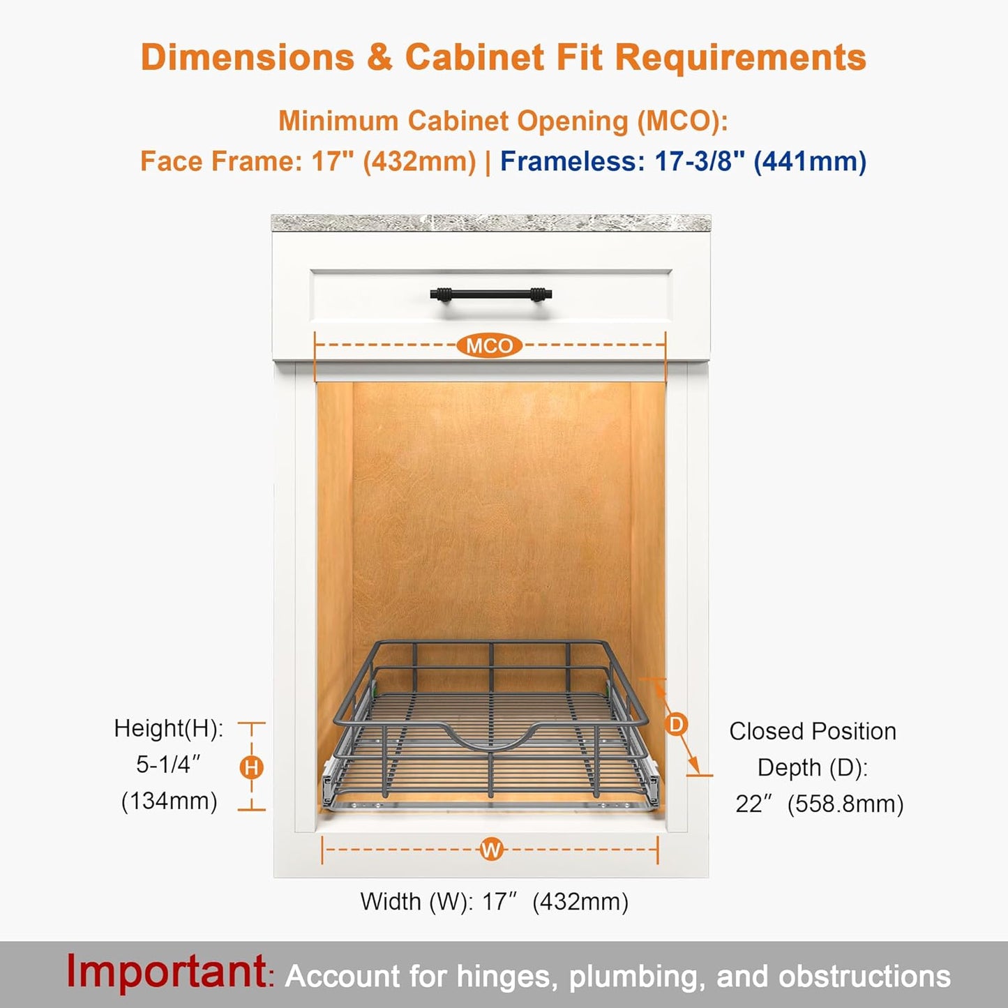 ALINE FURNITURE Pull Out Shelves - 17" W x 22" D Soft Close Pull Out Cabinet Organizer 1 Tier - Slide Out Drawers with Shelf Liner, Heavy Duty Steel Wire Baskets for Kitchen Cabinets, Pantry, Bathroom