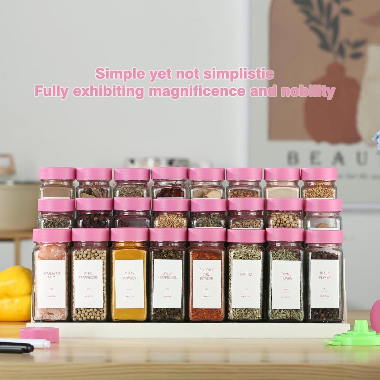 Pink Spice Jars with Label，4oz Seasoning Containers, Glass Spice Bottles with Shaker Lids,Funnel, Chalk Pen(Pink, 36)