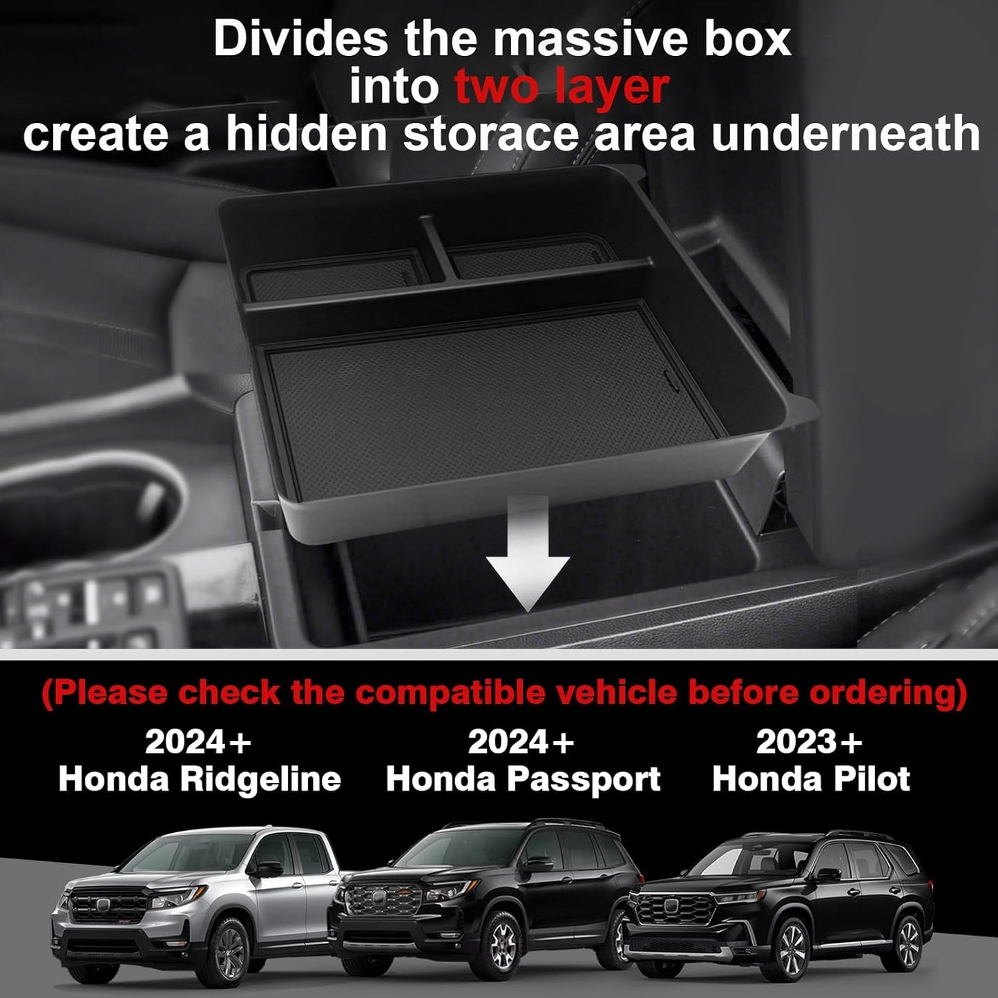 Muslogy 2PCS Center Console Organizer & Hidden Storage Box Compatible with 2023 2024 2025 Honda Pilot Accessories, 2024+ Ridgeline/Passport Armrest Privacy Insert Tray Console Insert Organizer