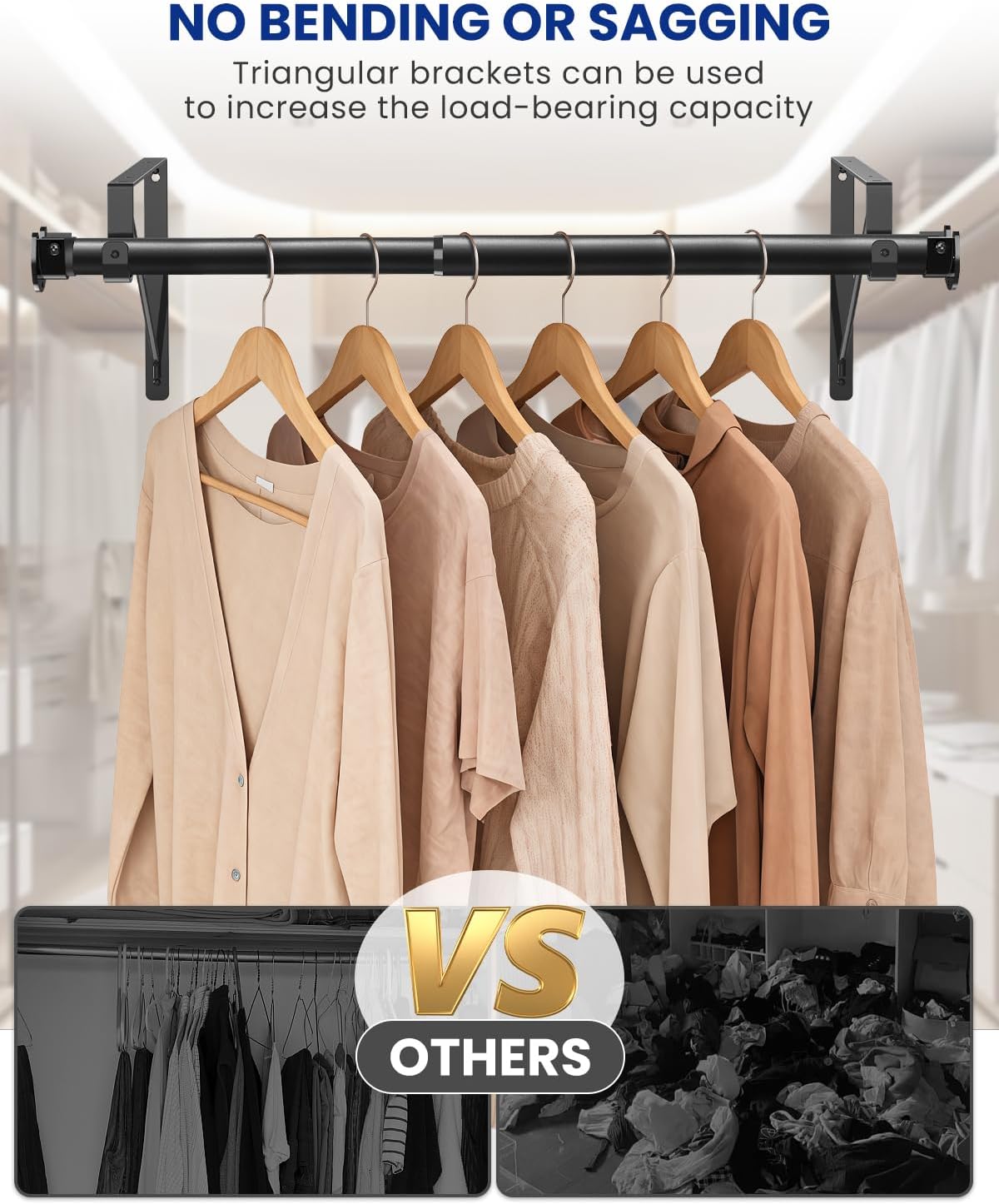 Closet Rods for Hanging Clothes with Triangular Brackets, 17 to 69 Inches Stepless Adjustable Closet Rod, 1.3 Inch Heavy Duty Closet Rod for Closet Wardrobe Laundry RV (Without Board/Black)